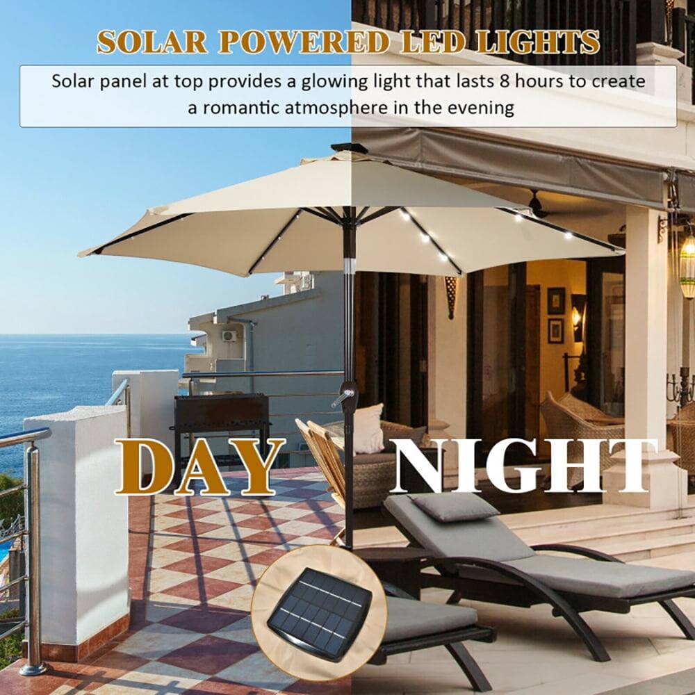 SOLAR POWERED LED LIGHTS  
Solar panel at top provides a glowing light that lasts 8 hours to create a romantic atmosphere in the evening  

DAY NIGHT