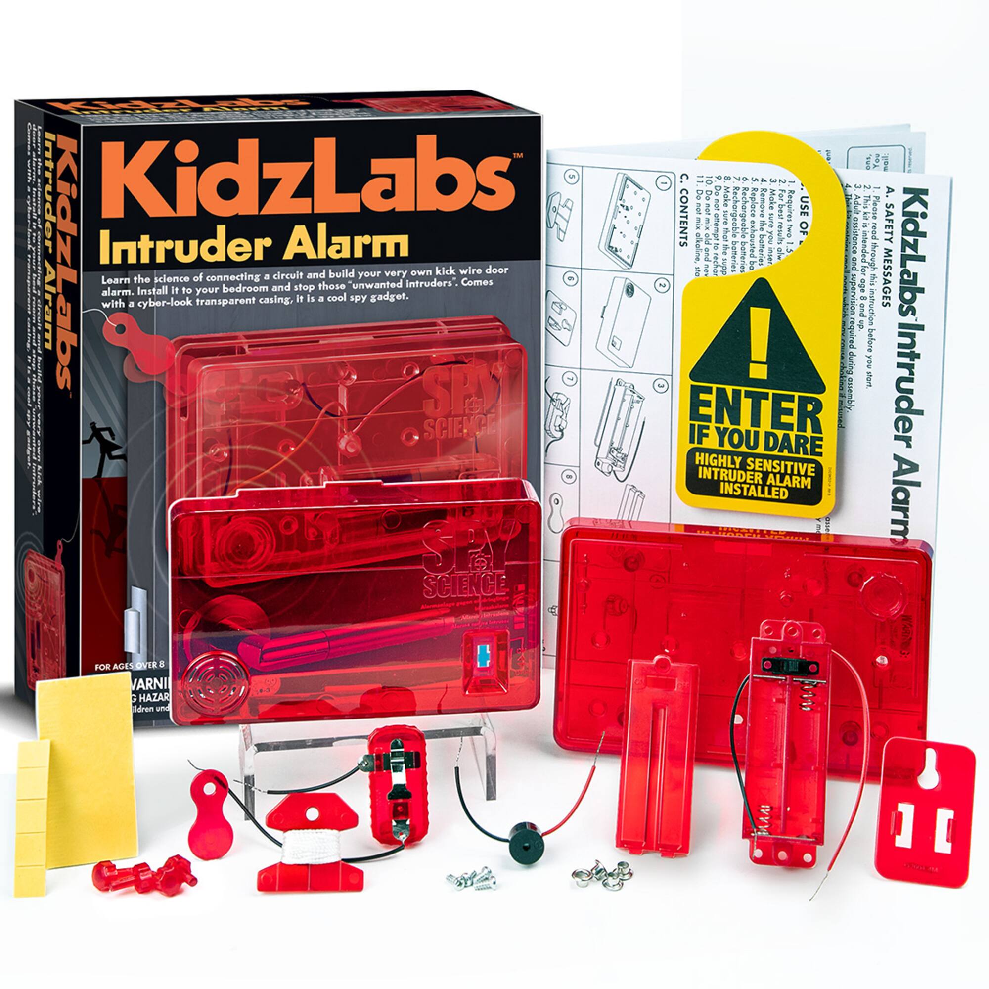 KidzLabs Intruder Alarm

Learn the science of connecting a circuit and build your very own kid wire alarm. Install it to your bedroom and stop those unwanted intruders. Comes with a cyber-look transparent casing, it is a cool spy gadget.

Contents:
- 2 alkaline batteries
- 1 syringe
- 1 ammeter
- 1 small resistor
- 1 breadboard
- 1 buzzer
- 1 LED
- 1 switch
- 1 jumper wires
- 1 instruction manual

Safety Instructions:
- Use PV
- Remove Make
- Learn the science of connecting a circuit and build your very own kick wire alarm
- Install it to your bedroom and stop those unwanted intruders
- Comes with a cyber-look transparent casing, it is a cool spy gadget
- Highly sensitive intruder alarm installed
- For ages over 8

Warning: High hazard
