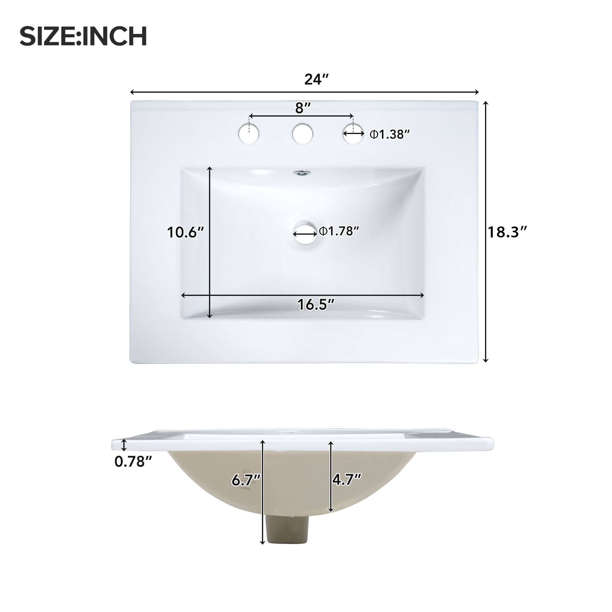 SIZE: INCH

- 24"
- 18.3"
- 16.5"
- 10.6"
- 8"
- 6.7"
- 4.7"
- 0.78"
- 1.38"
- 1.78"