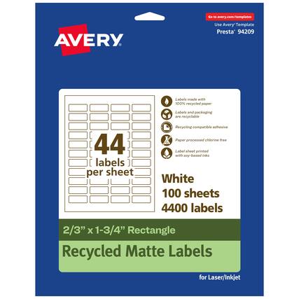 Go to avery.com/templates
AVERY
Use Avery Template Presta* 94209
Labels made with 100% recycled paper
Labels and packaging are recyclable
Recycling compatible adhesive
Paper processed chlorine free
Label sheet printed with soy-based inks
White
100 sheets
4400 labels
2/3" X 1-3/4" Rectangle
Recycled Matte Labels for Laser/Inkjet