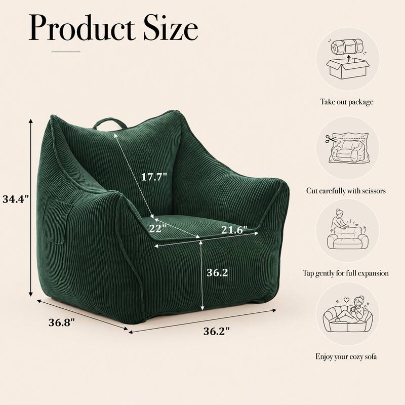Product Size

Take out package

34.4"

17.7"

Cut carefully with scissors

22"

21.6"

36.2"

Tap gently for full expansion

36.8"

36.2"

Enjoy your cozy sofa