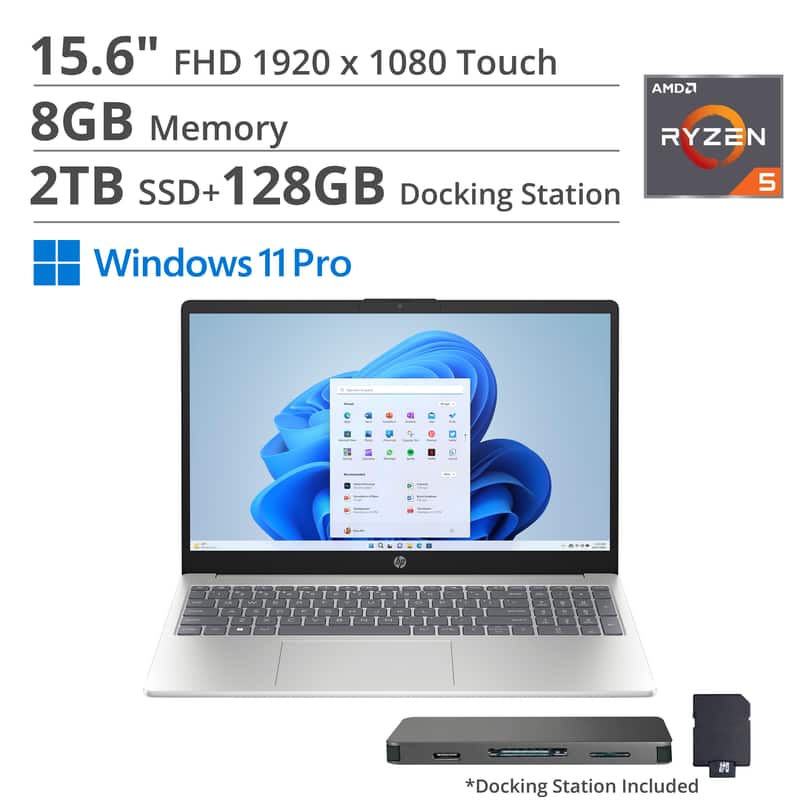HP - 15.6" FHD Touch Laptop,AMD Ryzen 5 7520U,Intel UHD Graphics,8GB RAM,2TB SSD+160GB Docking Station,Win 11 Pro - Silver