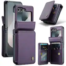 Front. Dteck - Flip Wallet Case for Samsung Galaxy Z Flip7 FE, RFID Blocking PU Leather Protective Kickstand Cover with 4 Card Slots - Purple.