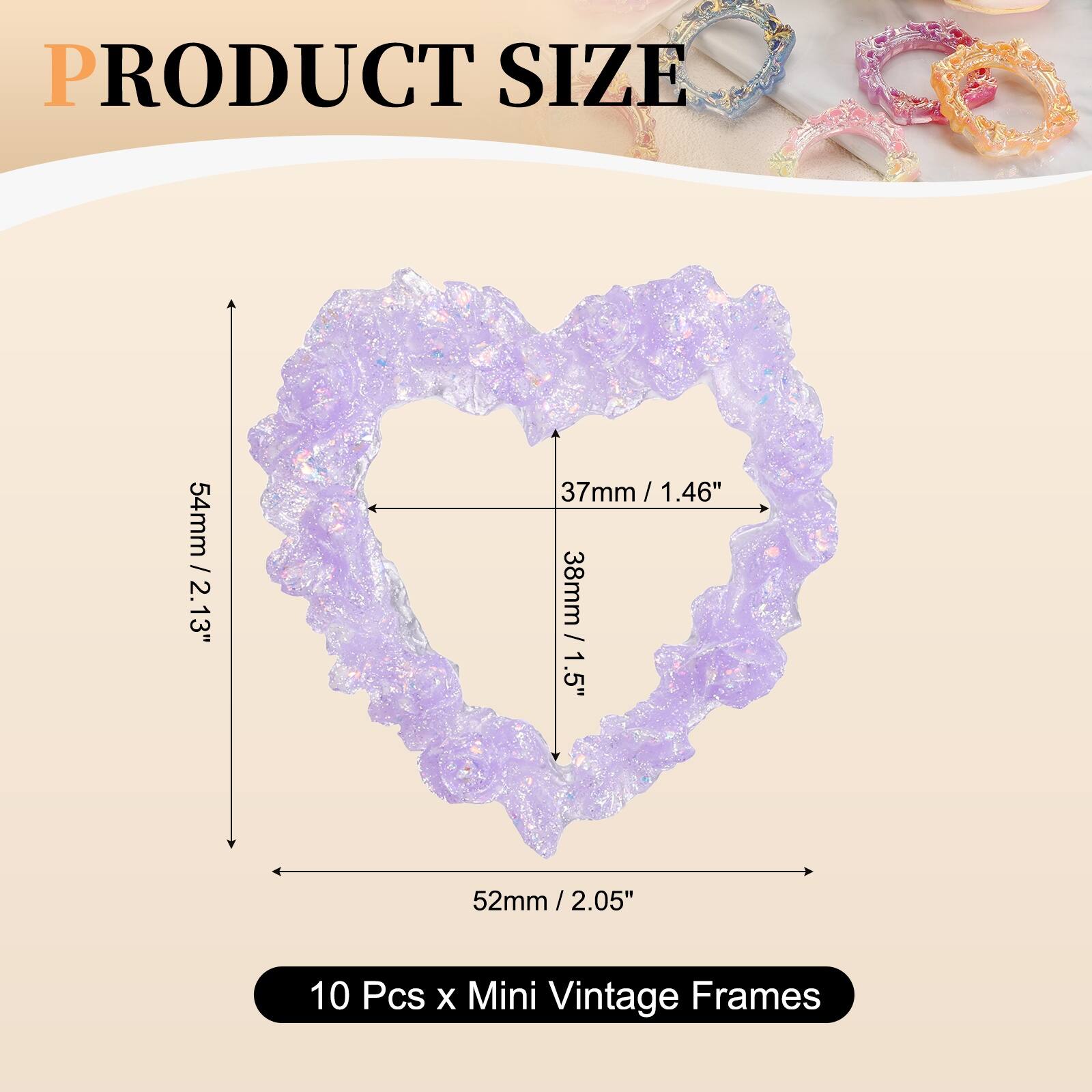 PRODUCT SIZE

54mm / 2.13"  
37mm / 1.46"  
38mm / 1.5"  
52mm / 2.05"  

10 Pcs x Mini Vintage Frames