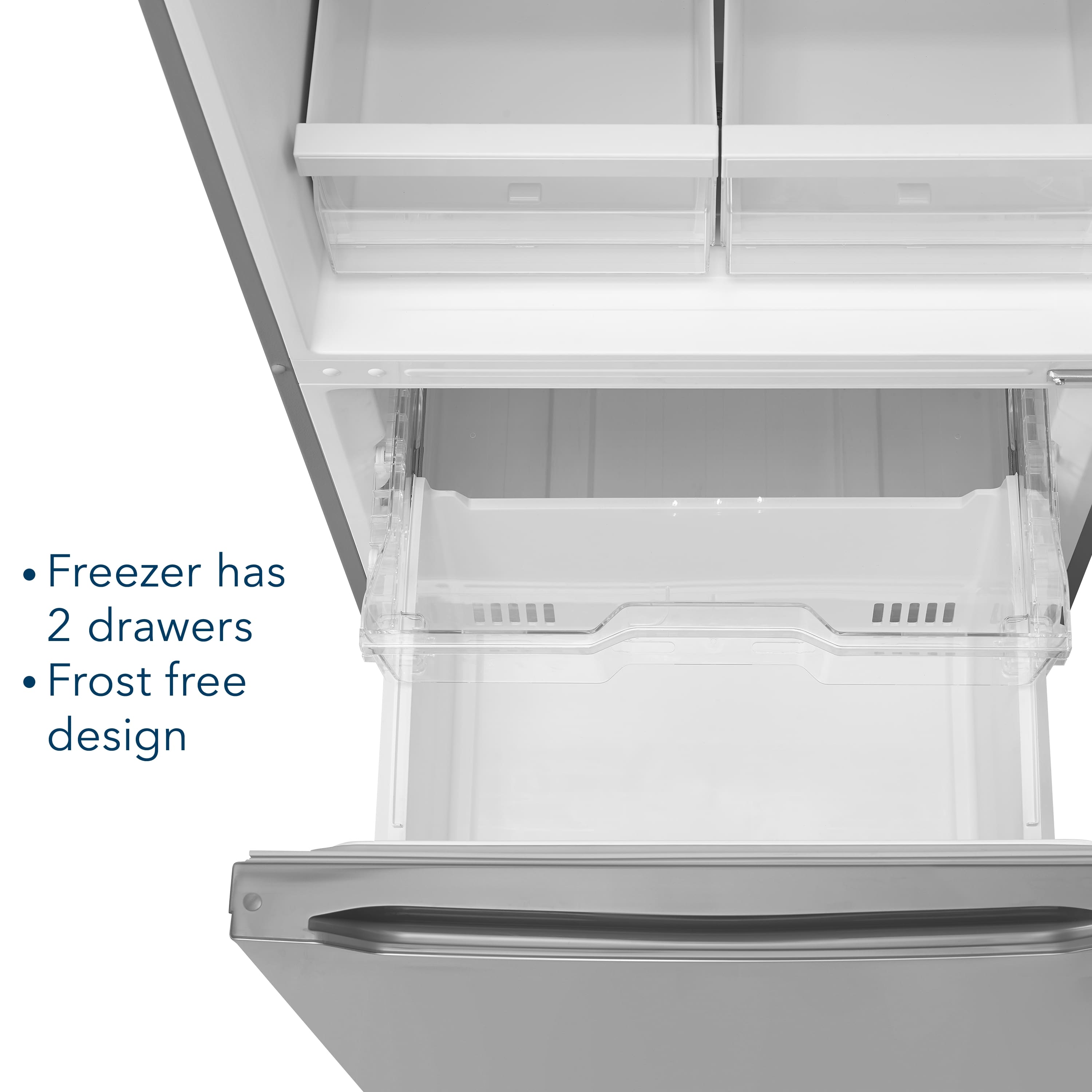 The freezer has two drawers and a frost-free design.