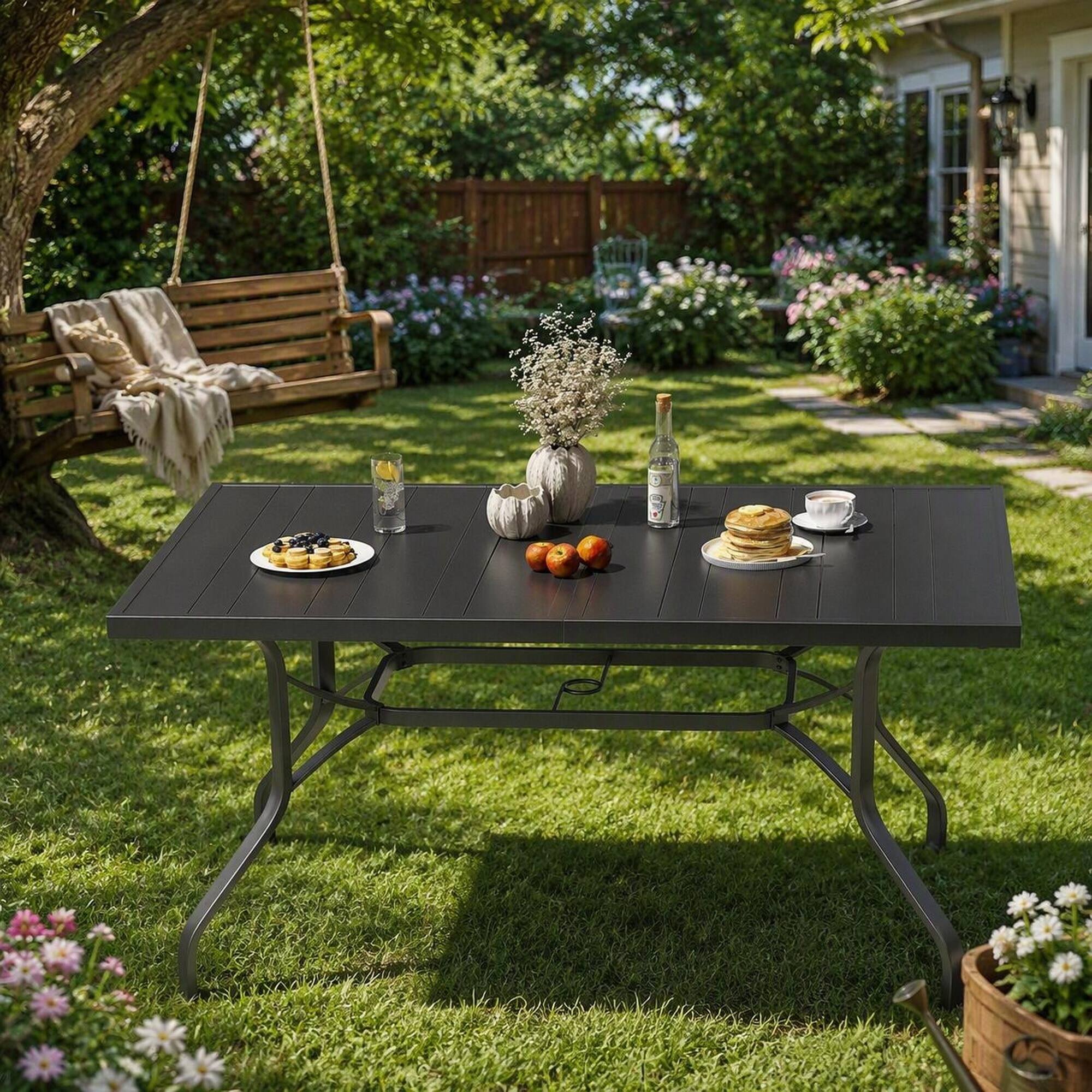Alt View 2. RYHNUYNE - 60" Rectangle Outdoor Patio Dining Table,Metal Outdoor Table With Umbrella Hole for Garden Backyard Poolside - Black.