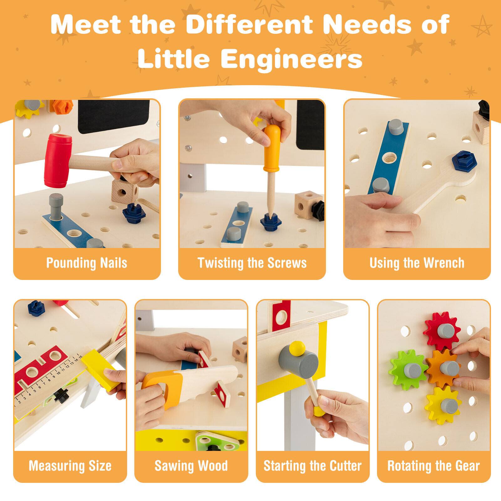Meet the Different Needs of Little Engineers

- Pounding Nails
- Twisting the Screws
- Using the Wrench
- Measuring Size
- Sawing Wood
- Starting the Cutter
- Rotating the Gear