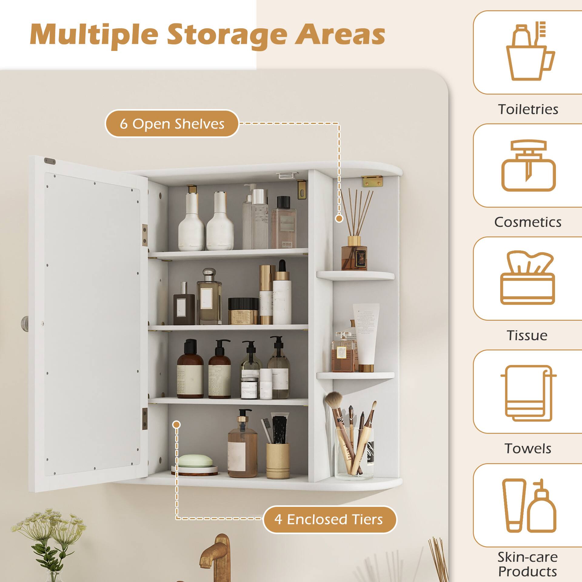 Multiple Storage Areas

6 Open Shelves

Toiletries
Cosmetics
Tissue
Towels

4 Enclosed Tiers

Skin-care Products
