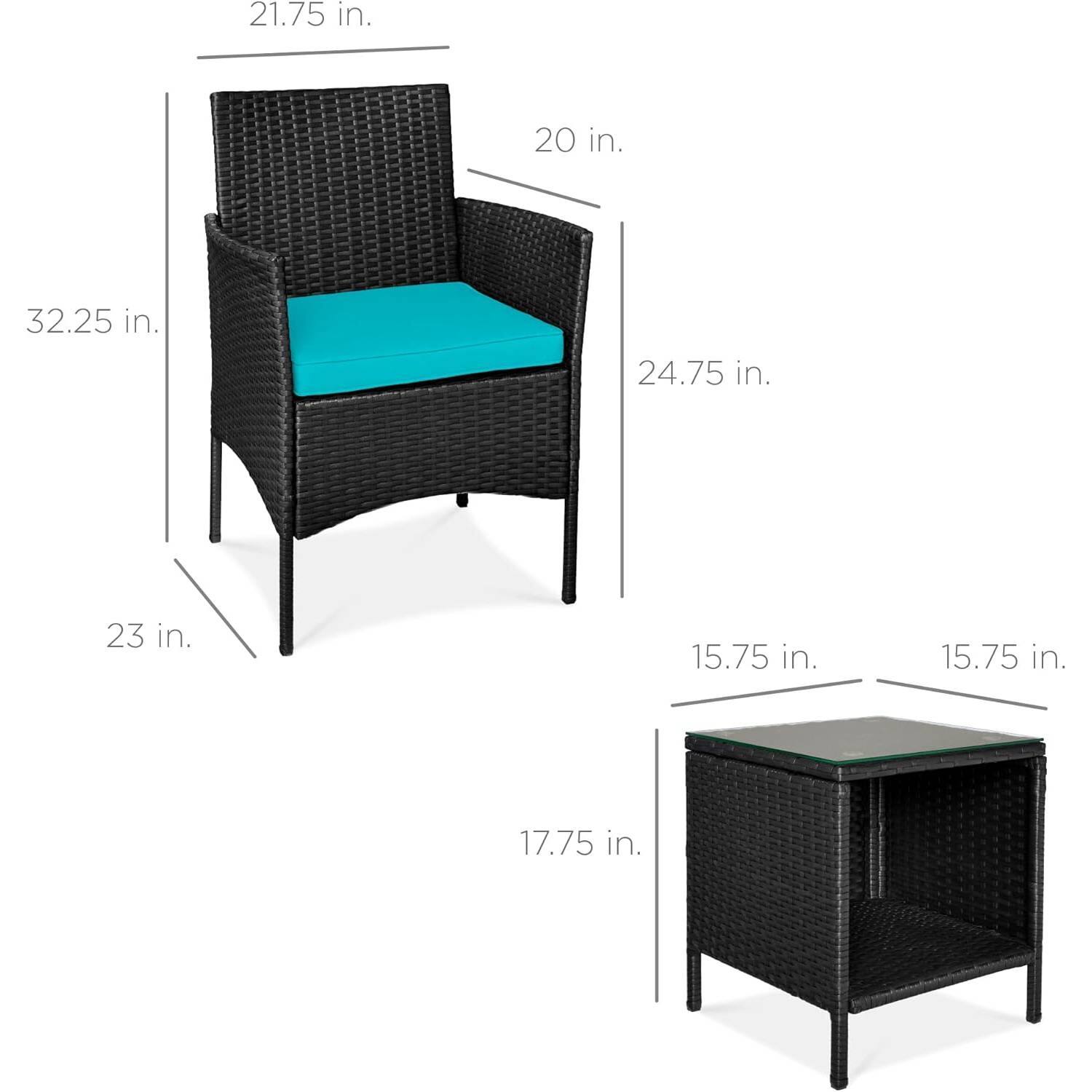 - Chair dimensions:
  - Height: 21.75 in.
  - Width: 20 in.
  - Depth: 24.75 in.
  - Seat height: 17.75 in.
  - Seat depth: 23 in.
  - Back height: 32.25 in.

- Table dimensions:
  - Height: 15.75 in.
  - Width: 15.75 in.