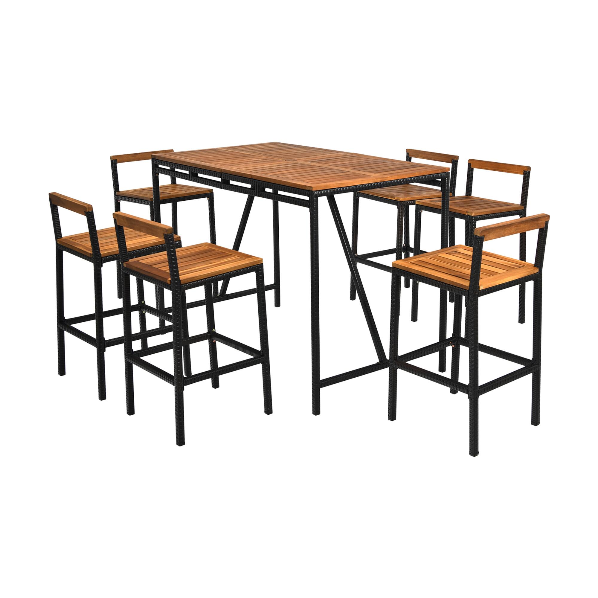 Alt View 8. Gymax - Gymax 7PCS Outdoor Acacia Wood Dining Set PE Rattan Patio Bar Set w/ Umbrella Hole - Black.