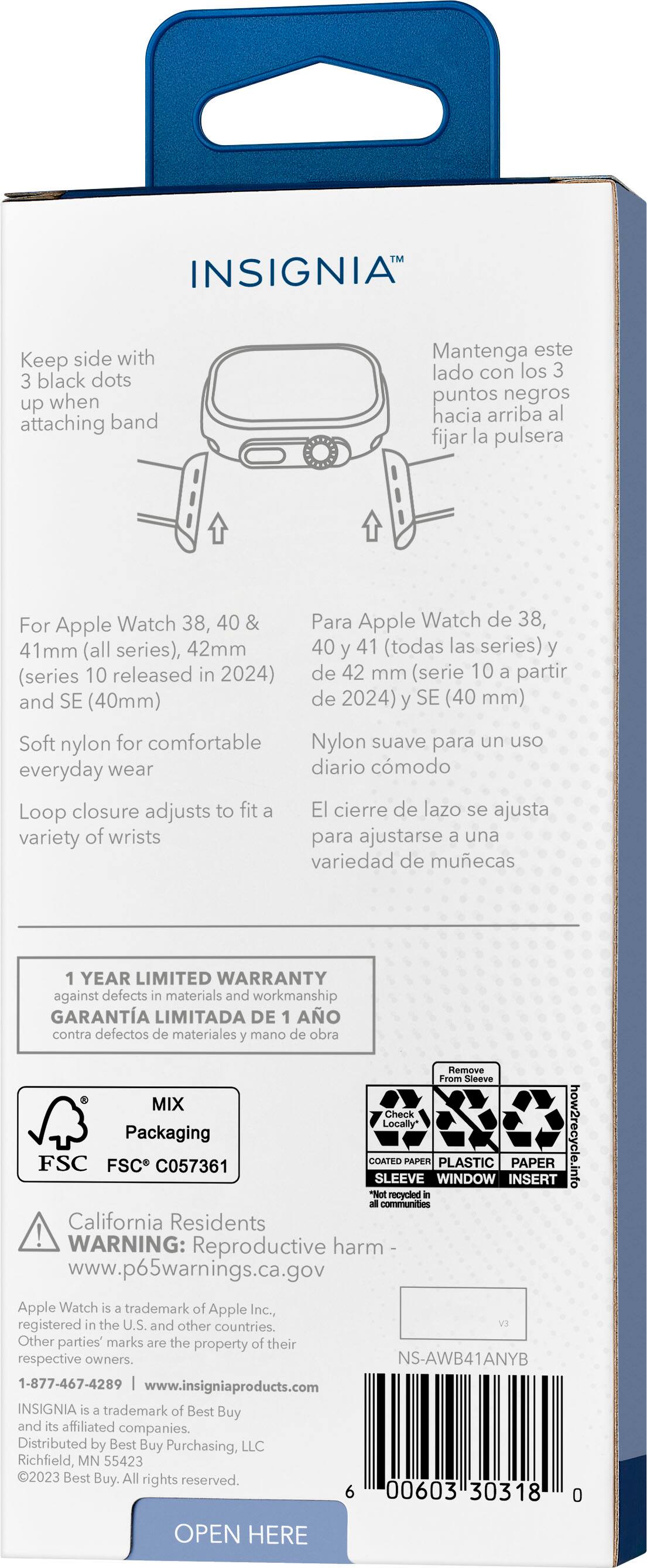Insignia is a brand that offers a band for Apple Watch. The band is made of nylon and features a loop closure that adjusts to fit various wrist sizes. The band is designed for everyday wear and comes with a year limited warranty against defects in materials and workmanship. The packaging includes information on recycling and a warning for California residents about reproductive harm. The band is compatible with Apple Watch models 38, 40, and 42 mm, as well as the Apple Watch SE in 40 and 41 mm sizes.
