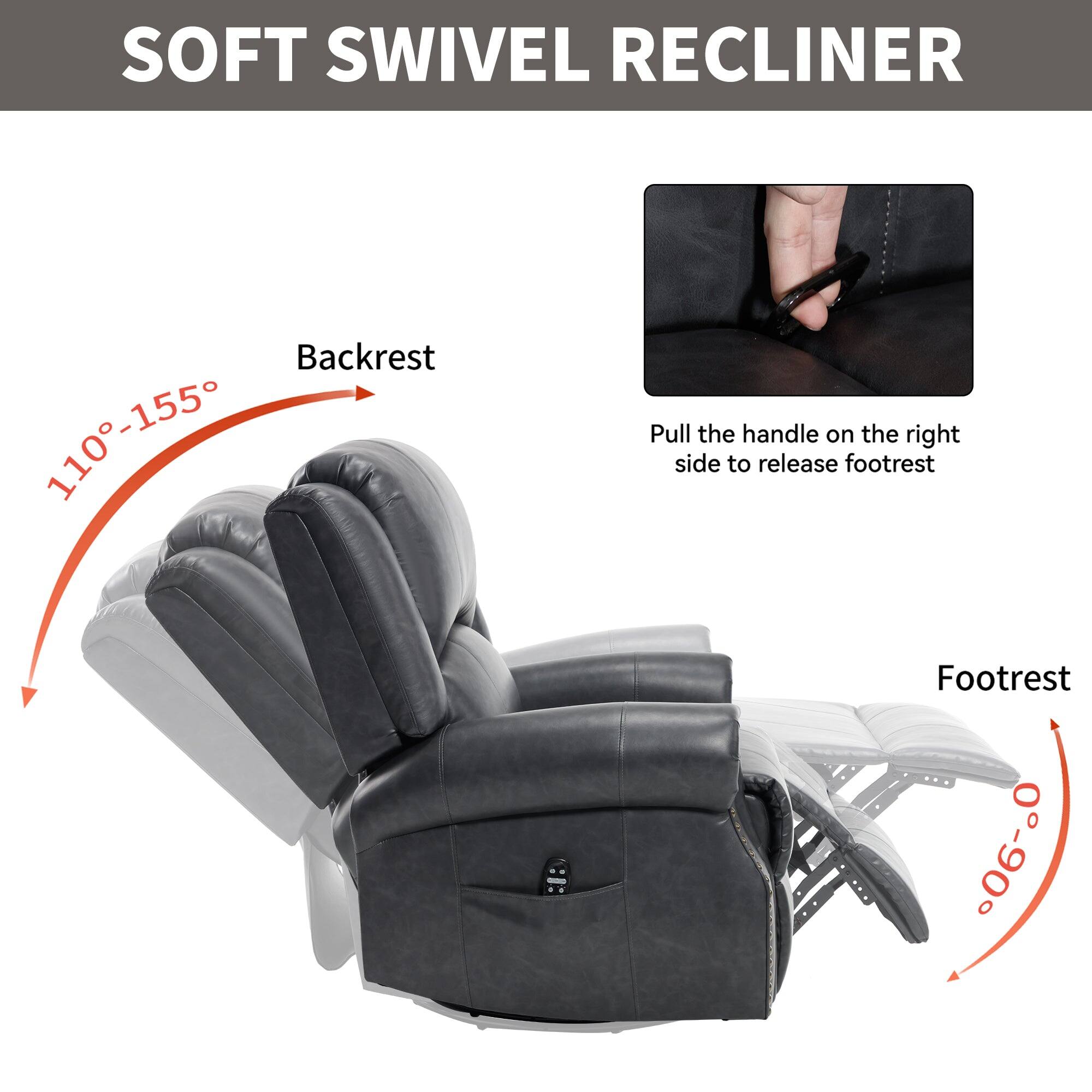 SOFT SWIVEL RECLINER

Backrest: 110°-155°

Footrest: 0°-90°

Pull the handle on the right side to release footrest