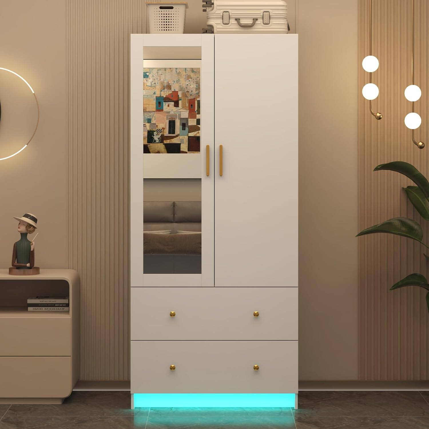 Alt View 1. Espafurni - 2 - Door Mirrored Wardrobe with LED - Small Bedroom Armoire, Drawers & Hanging Rod - White.