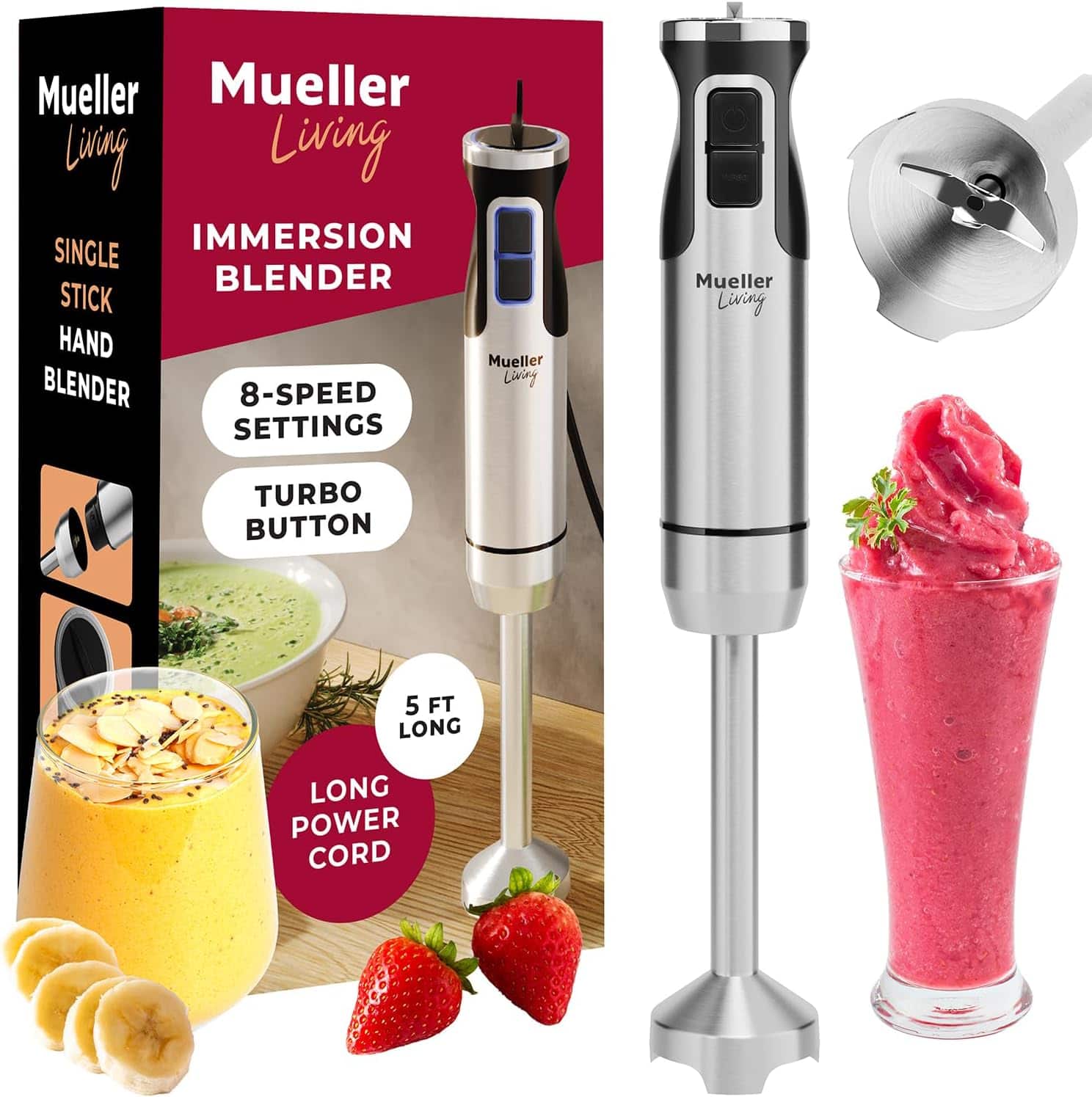 MuellerLiving - Immersion Blender Handheld - 8 Speed Electric, Emulsion Blender Stick Kitchen Gadget with Turbo Mode - Stainless Steel