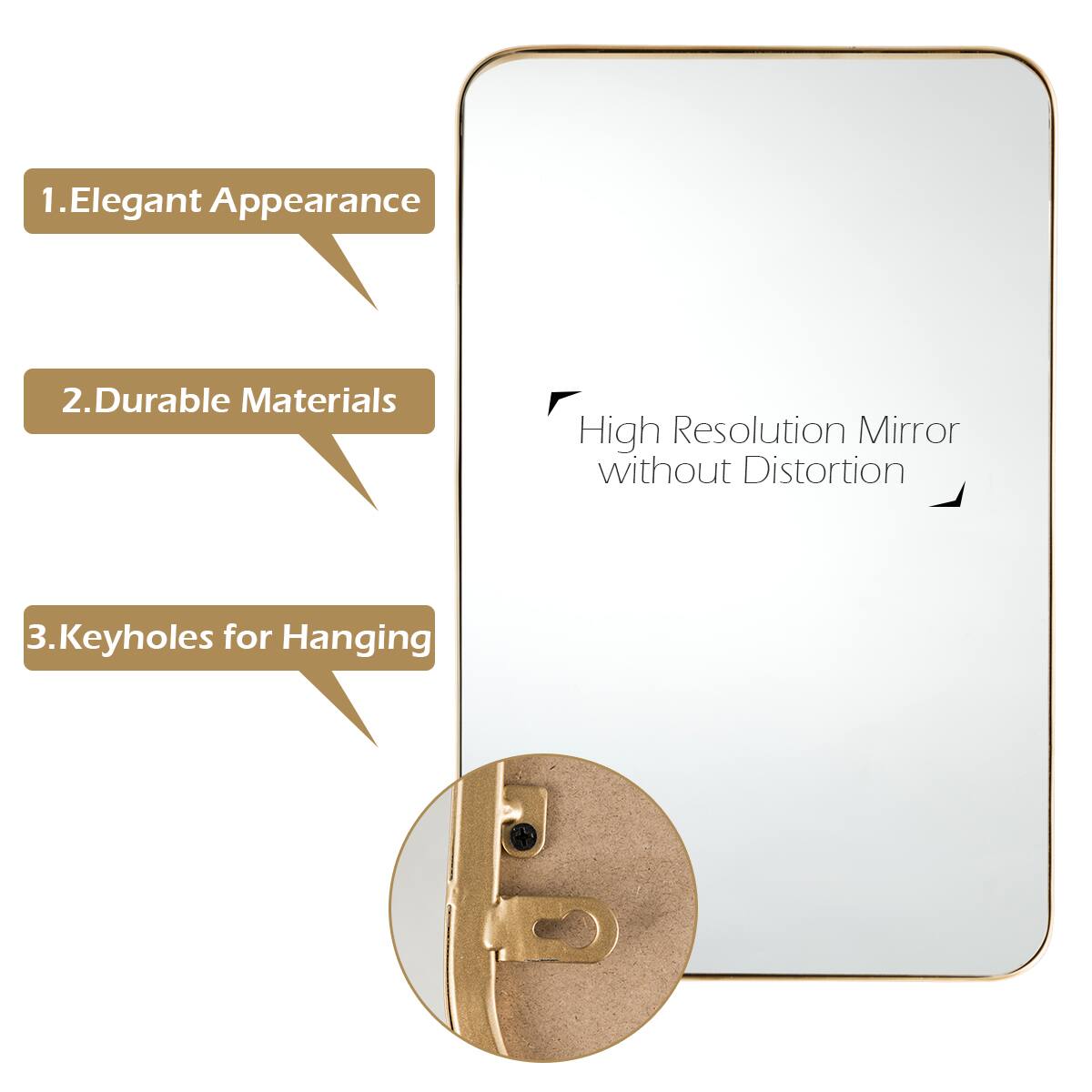 1. Elegant Appearance  
2. Durable Materials  
3. Keyholes for Hanging  

High Resolution Mirror without Distortion
