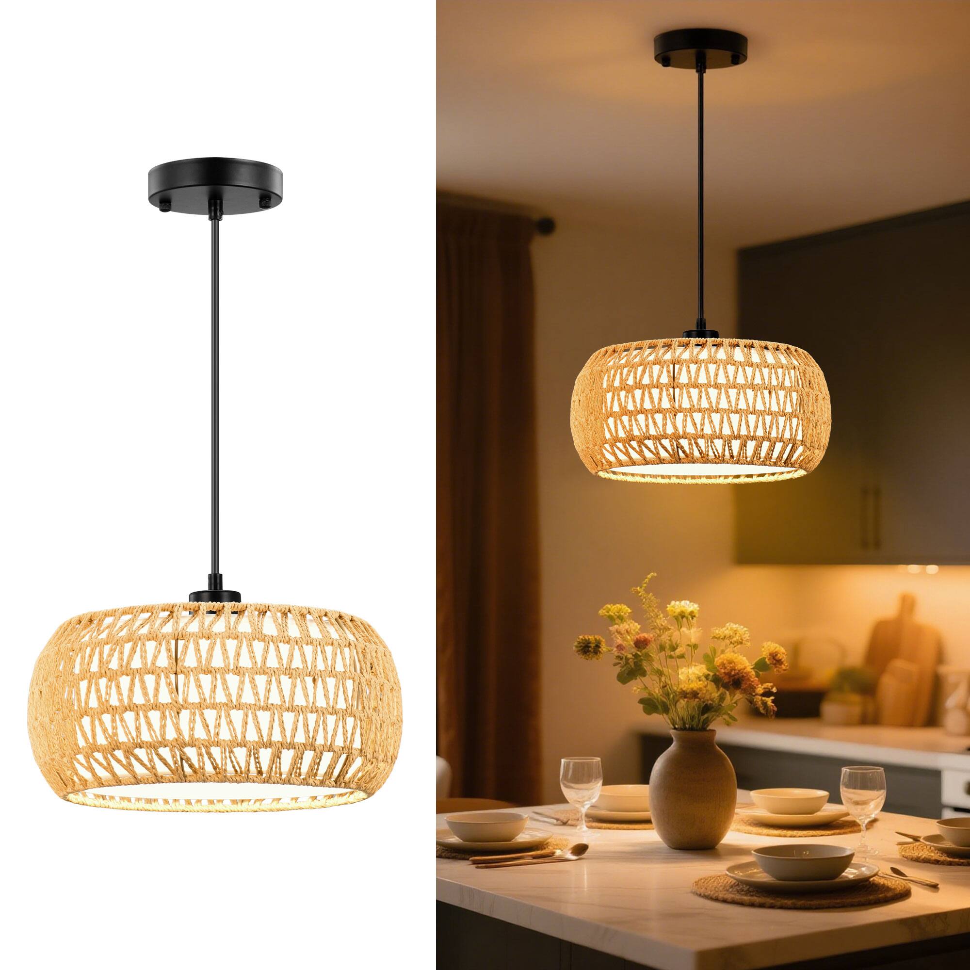 Front. Unique Bargains - Pendant Lights Plug in Pendant Light Hanging Lamp Boho Lamp Woven Rattan Pendant Lamp Shade for Kitchen Island - Golden.