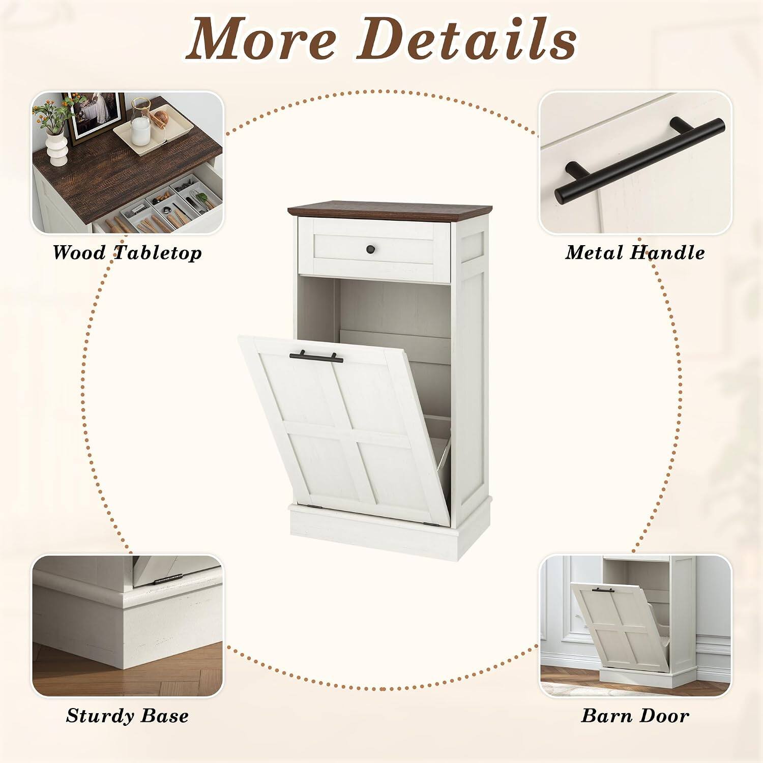 More Details

- Wood Tabletop
- Metal Handle
- Sturdy Base
- Barn Door