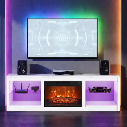Front. Ihomeadore - 66" TV Stand with 23"Insert Electric Fireplace and Open Storage Shelves Media Console for TVs up to 75" - White.