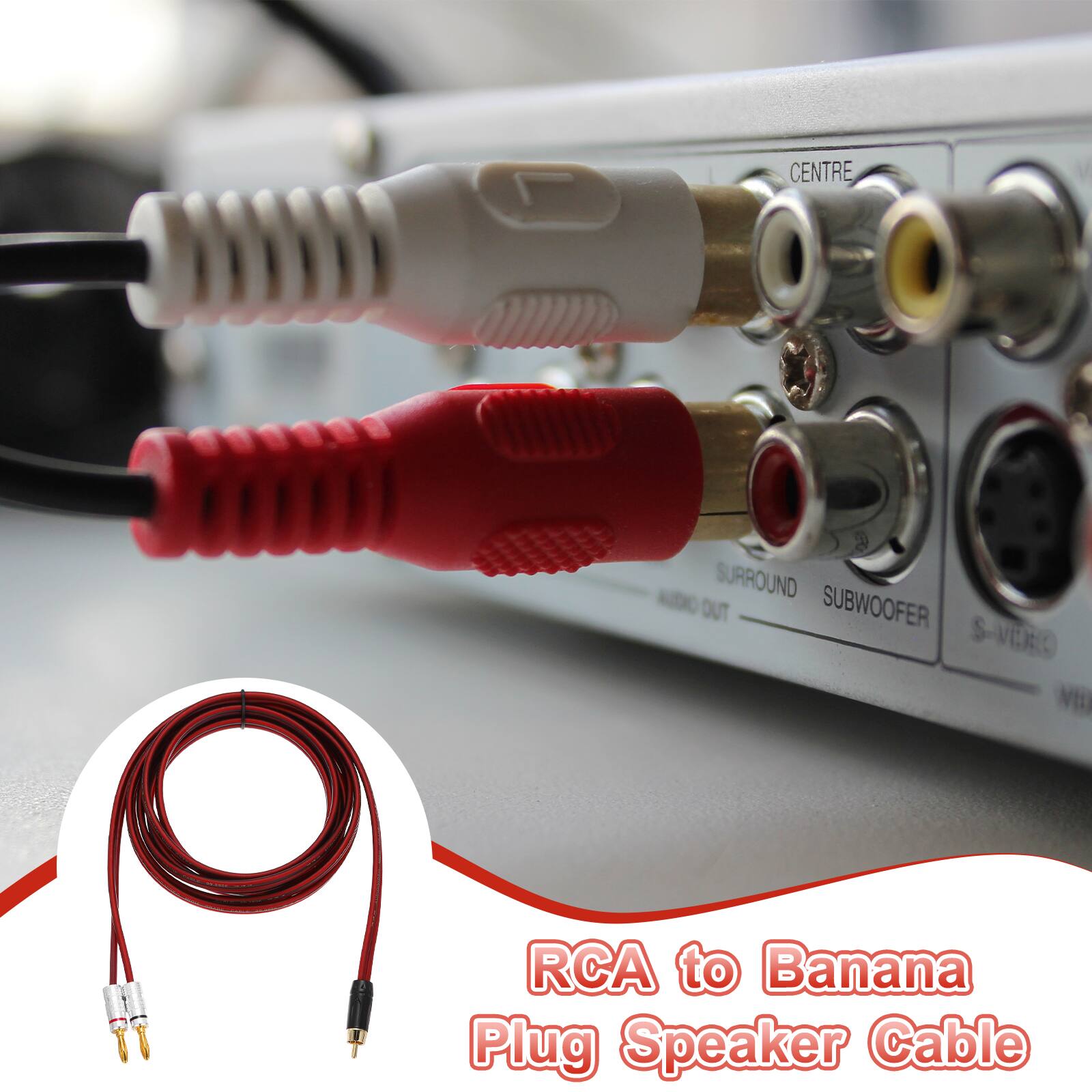 CENTRE SURROUND SUBWOOFER S-VHS RCA to Banana Plug Speaker Cable