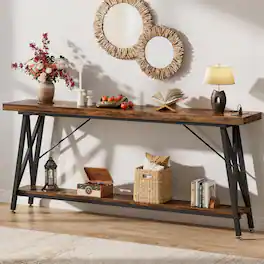 Aheaplus - 70.9-Inch Industrial Console Table with Charging Station & Storage Shelf: Sofa Table for Living Room & Entryway - Rustic Brown