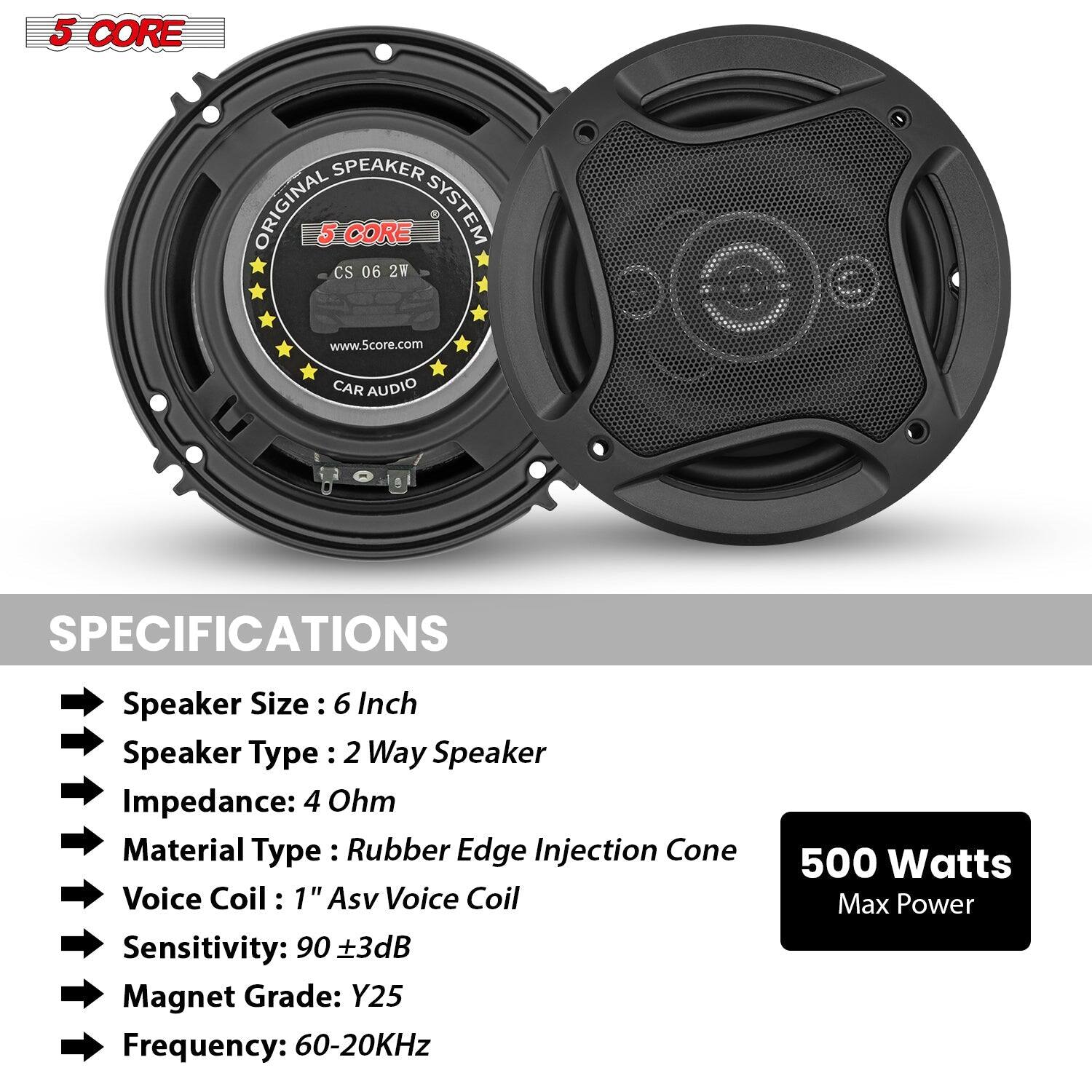 5 CORE SPEAKER ORIGINAL 5 CORE SYSTEM CS 06 2V www.Score.com CAR AUDIO SPECIFICATIONS
Speaker Size: 6 Inch
Speaker Type: 2 Way Speaker
Impedance: 4 Ohm
Material Type: Rubber Edge Injection Cone
Voice Coil: 1" Asv Voice Coil
Sensitivity: 90 +3dB
Magnet Grade: Y25
Frequency: 60-20KHz
500 Watts Max Power
