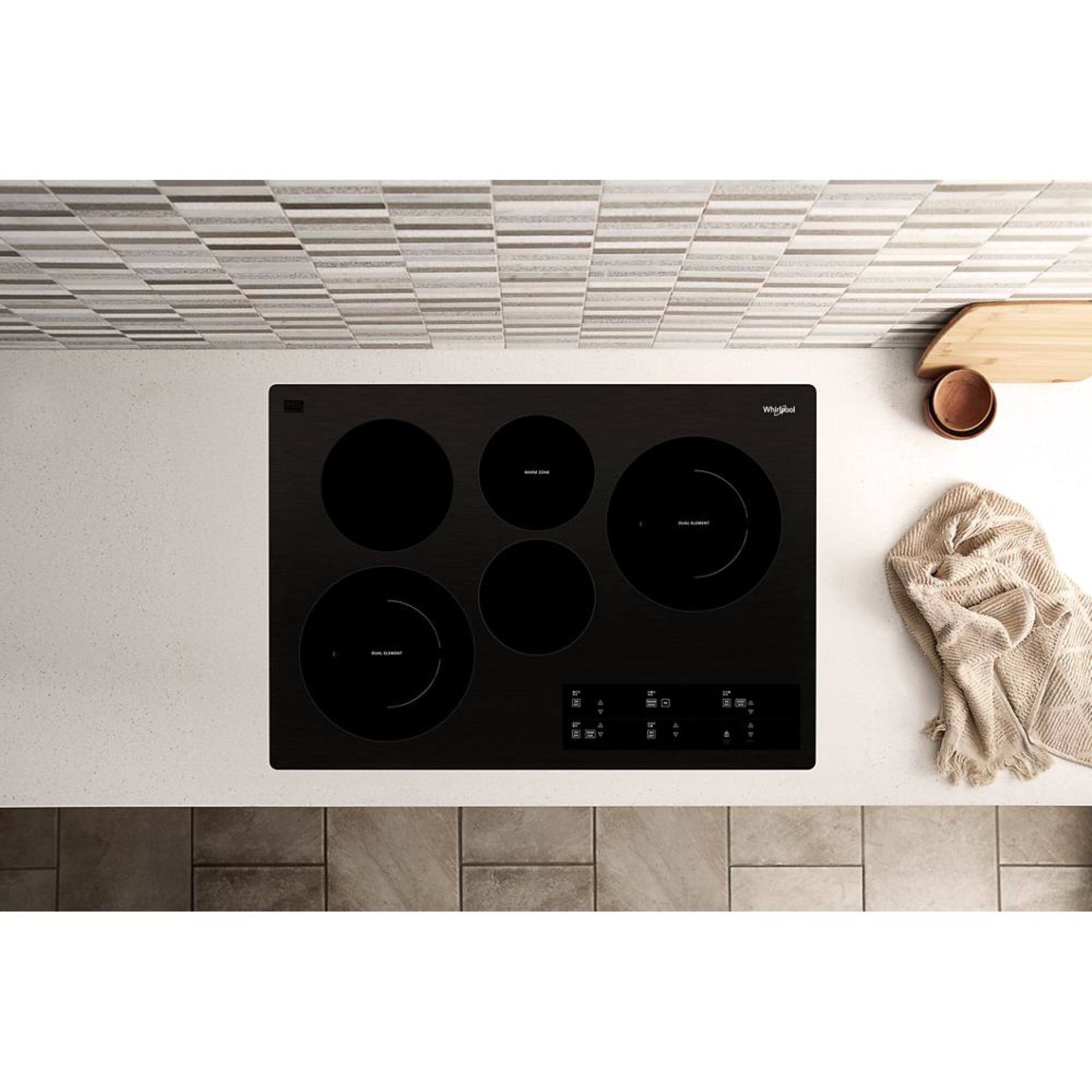 Left. Whirlpool - 30" Built-In Electric Cooktop with 5 Burners and FlexHeat Dual Radiant Element - Black.