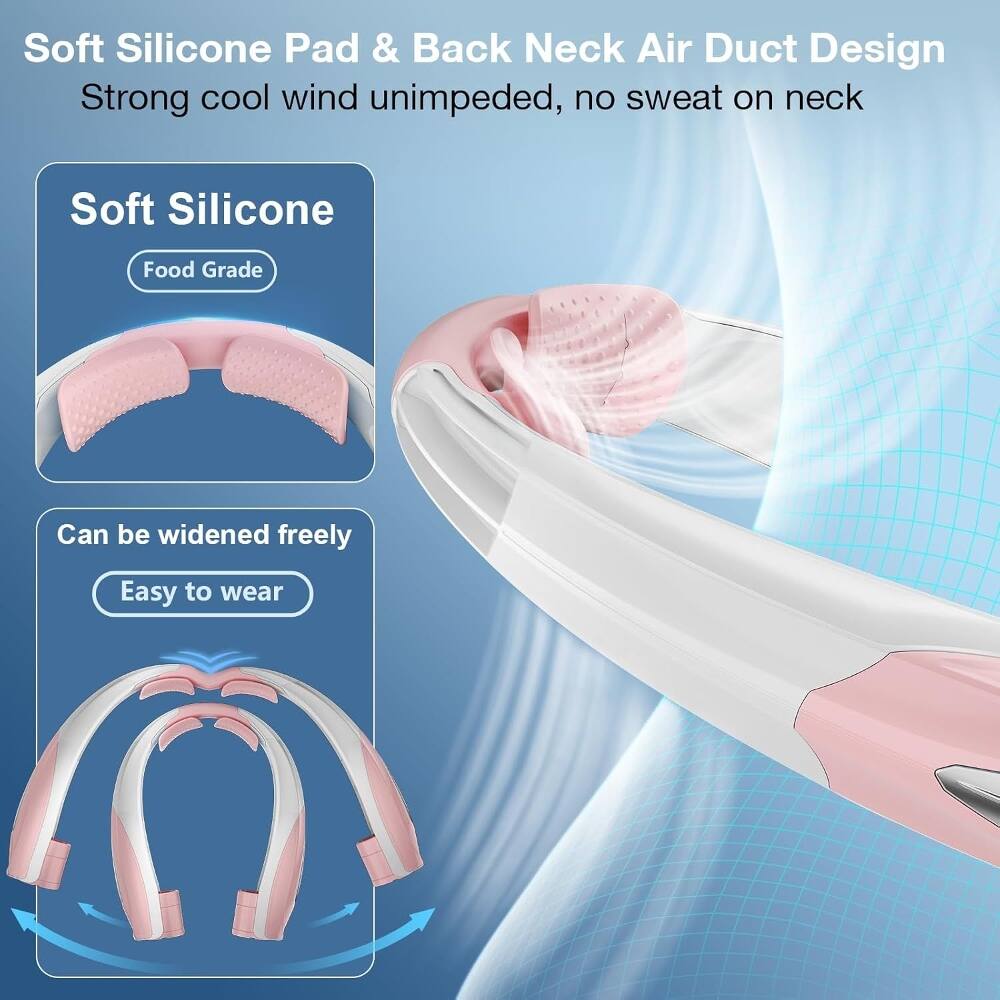 Soft Silicone Pad & Back Neck Air Duct Design  
Strong cool wind unimpeded, no sweat on neck  

Soft Silicone  
Food Grade  

Can be widened freely  
Easy to wear