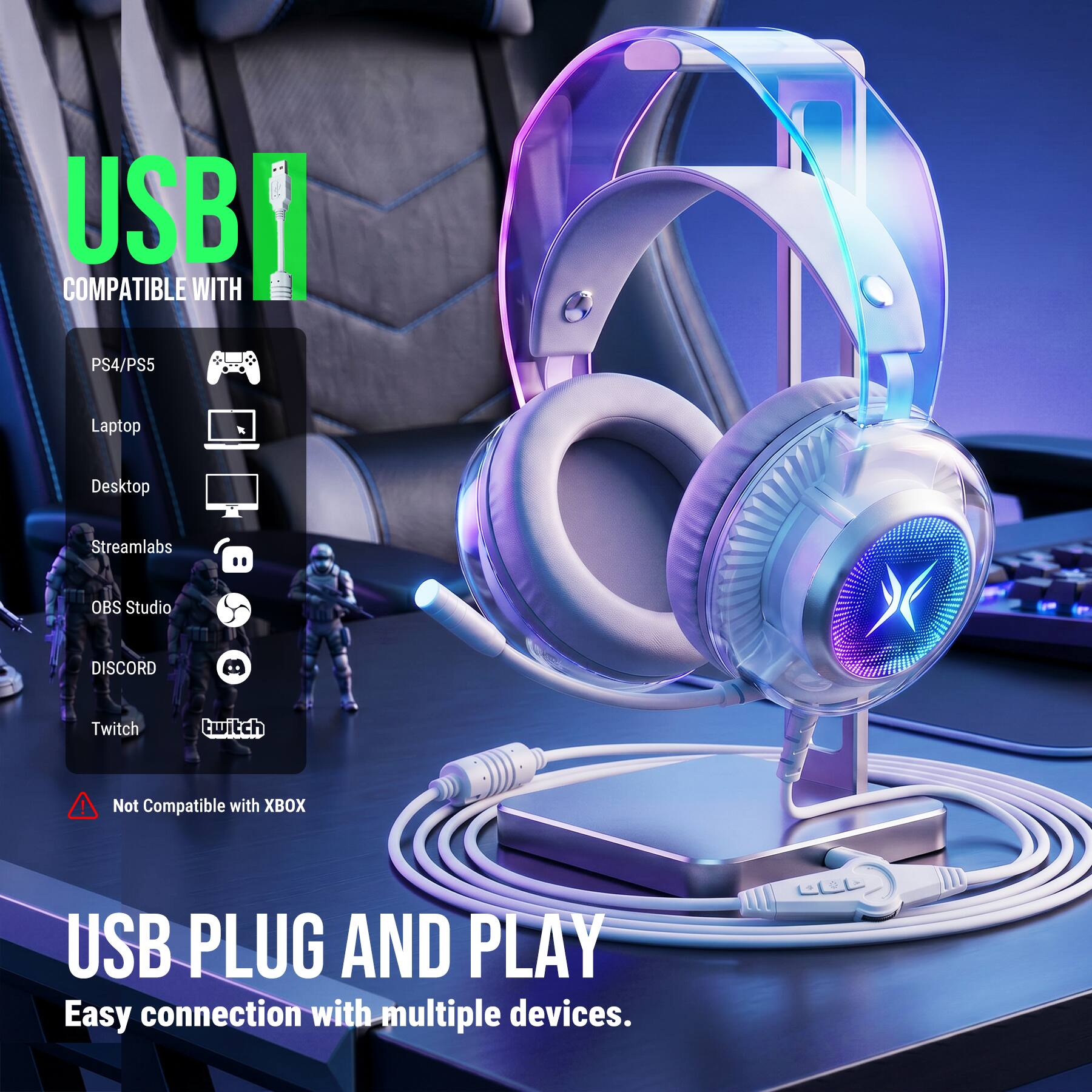 USB COMPATIBLE WITH  
PS4/PS5  
Laptop  
Desktop  
Streamlabs  
OBS Studio  
DISCORD  
Twitch  
Not Compatible with XBOX  
USB PLUG AND PLAY  
Easy connection with multiple devices.