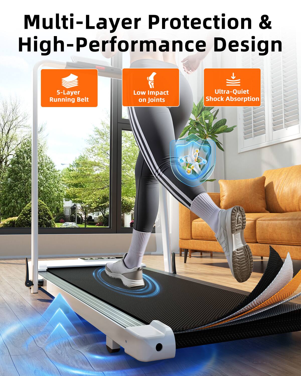 Multi-Layer Protection & High-Performance Design  
5-Layer Running Belt  
Low Impact on Joints  
Ultra-Quiet Shock Absorption