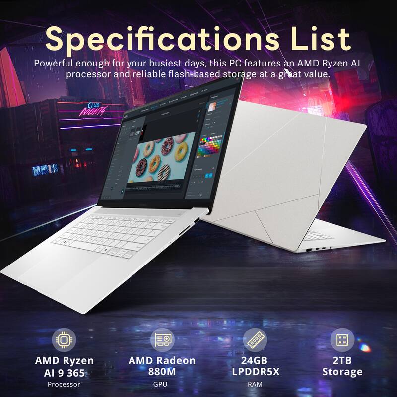 Specifications List  
Powerful enough for your busiest days, this PC features an AMD Ryzen AI processor and reliable flash-based storage at a great value.  

CLUB MIGHT4  
- AMD Ryzen AI 9 365 Processor  
- AMD Radeon 880M GPU  
- 24GB LPDDR5X RAM  
- 2TB Storage