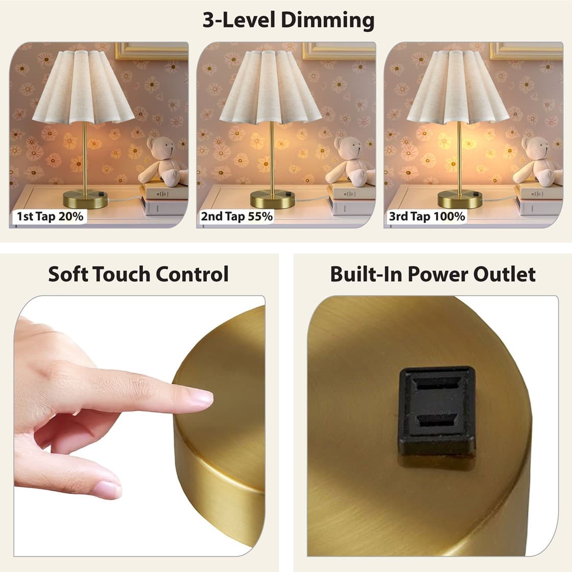 3-Level Dimming  
1st Tap 20%  
2nd Tap 55%  
3rd Tap 100%  

Soft Touch Control  
Built-In Power Outlet
