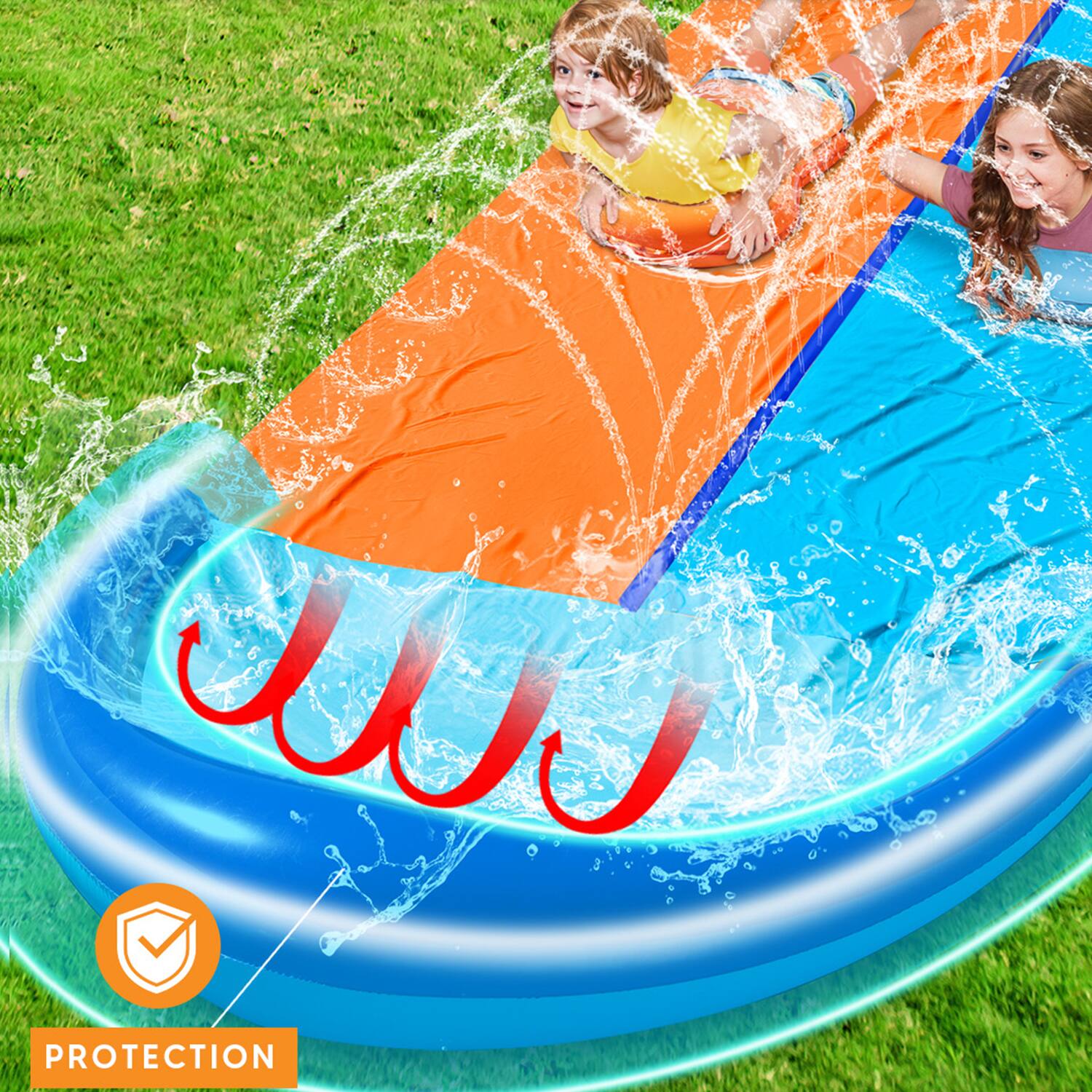 Left. Joyfy - 32.5ft Double Water Slide with 2 BodyBoards, Backyard Lawn Waterslides with Sprinkler, Outdoor Water Splash Slide Toy.