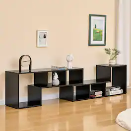 Loheer - Loheer- Expandable Wood TV Stand 4.3 ft to 6 ft Customizable Media Console with Open Shelves for Living Room - Black