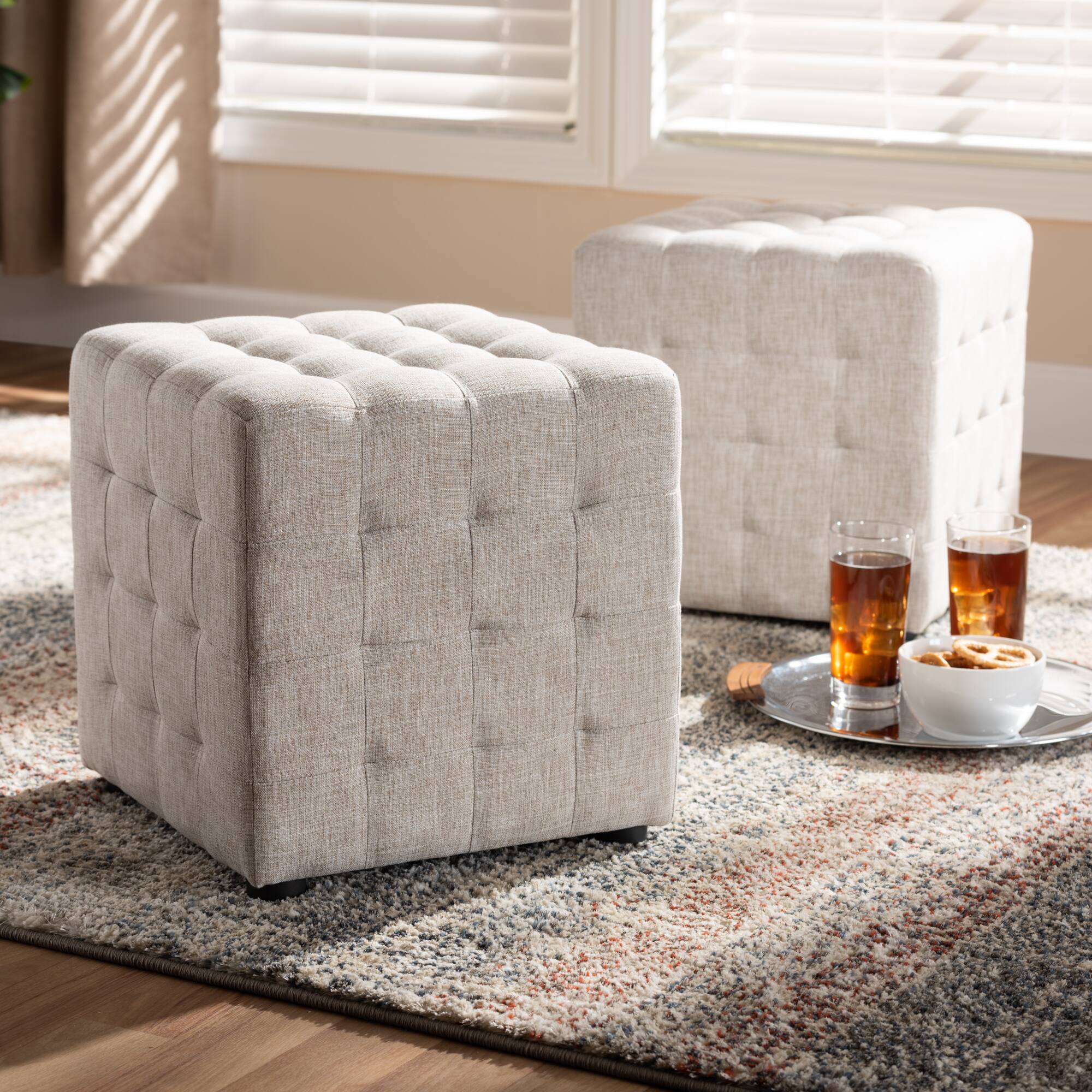Back. Baxton Studio - Elladio Modern and Contemporary Fabric Upholstered Tufted Cube Ottoman Set - Beige.