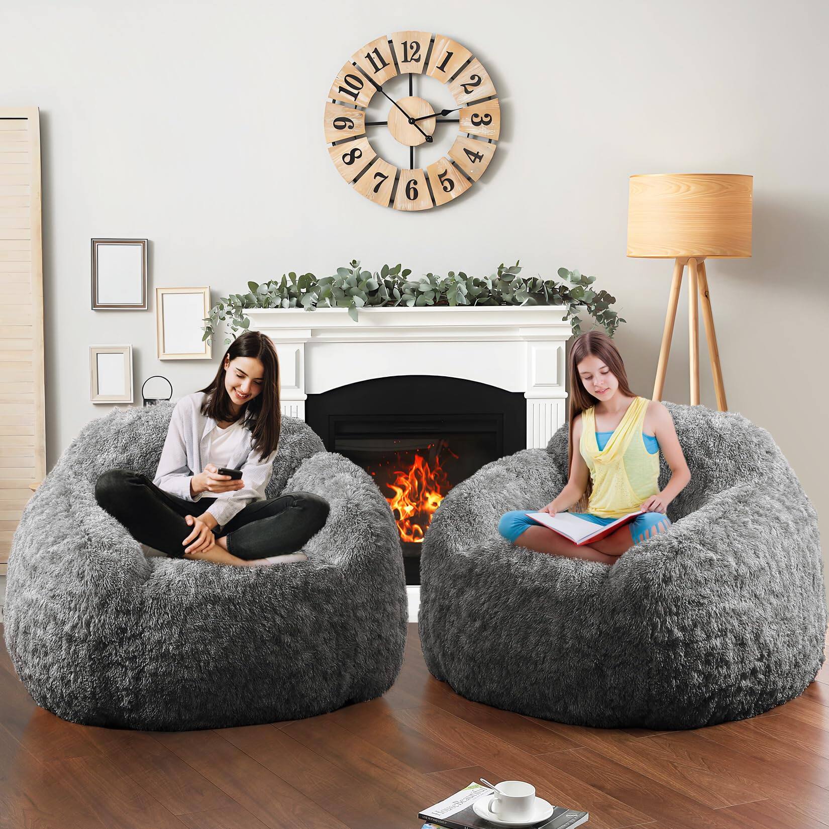 Alt View 3. Acekool - Soft Fluffy Bean Bag Chair for Adults Foam Filled Living Room Bean Bags with Armrest - Black.