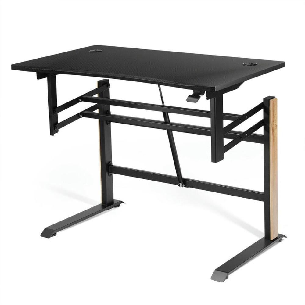 Left. Kadyn - Pneumatic Height Adjustable Gaming Desk T Shaped Game Station with Power Strip Tray-Black, Home Office Desks - Black.