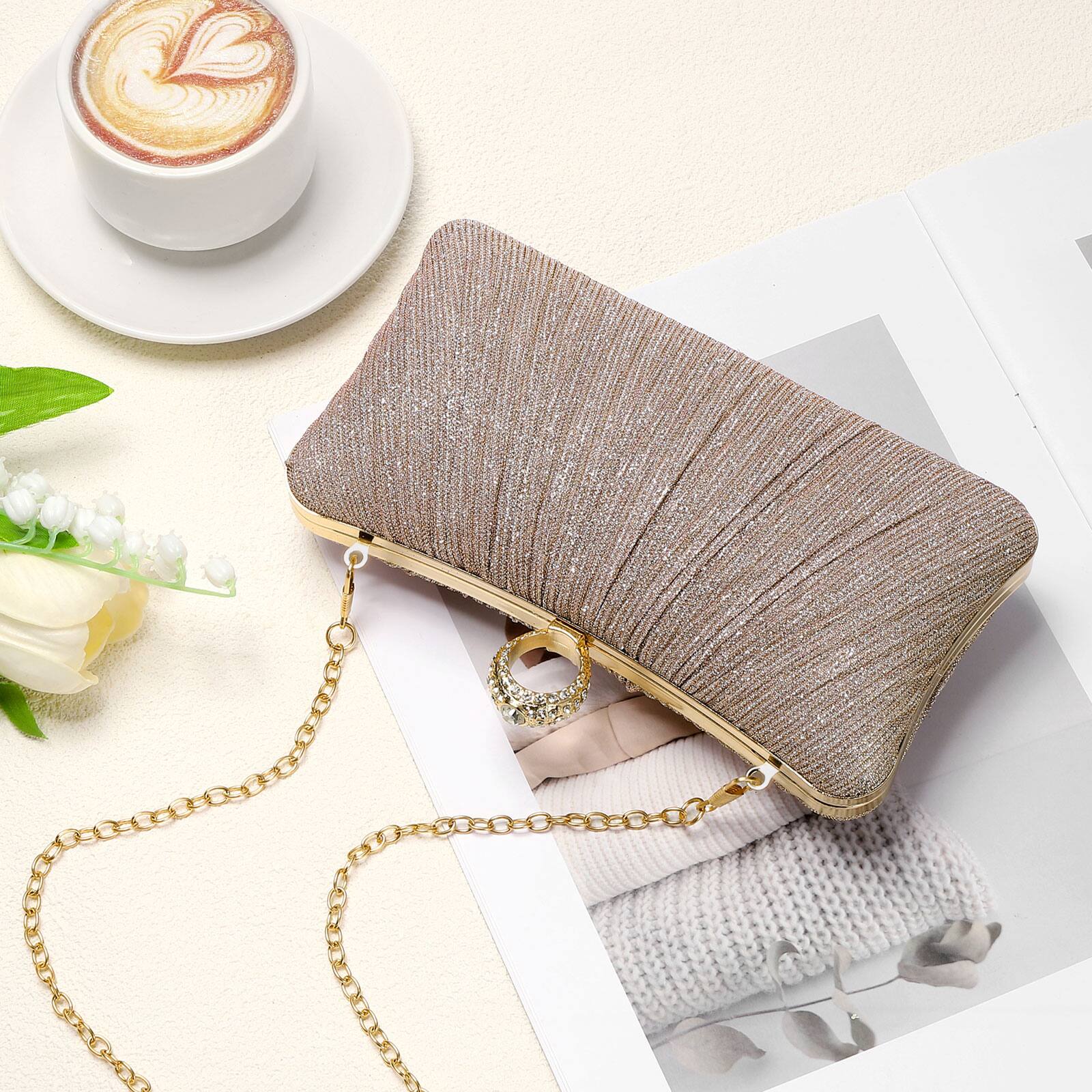 Alt View 5. Unique Bargains - Sparkly Evening Clutch Purse for Women, Vintage Ring Rhinestone Buckle Clasp Handbag for Bridal Wedding 1920s Party - Champagne.