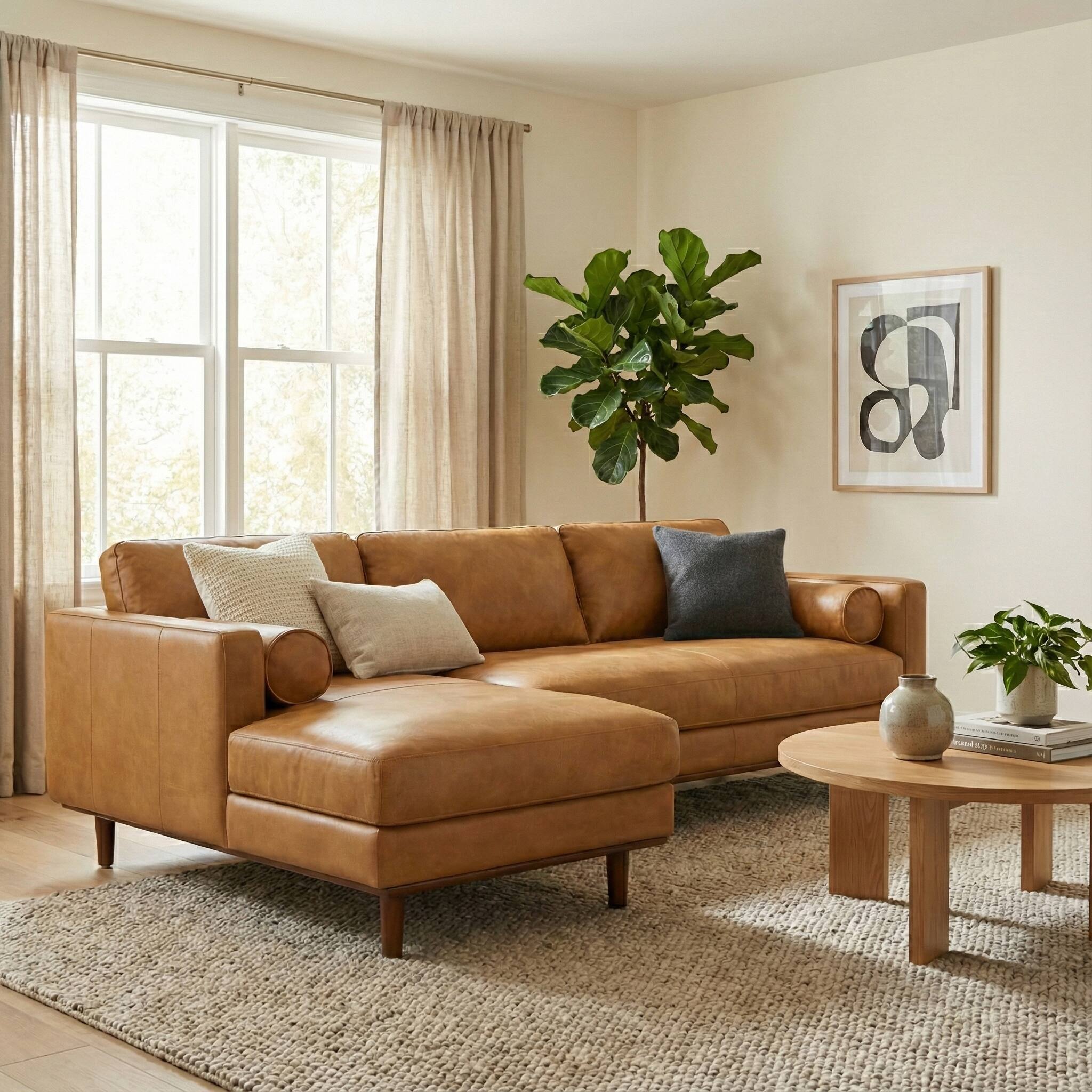 Angle. Simpli Home - Morrison Mid Century Left Sectional 102 inch Wide Sofa Sectional in Sienna Genuine Leather - Sienna.
