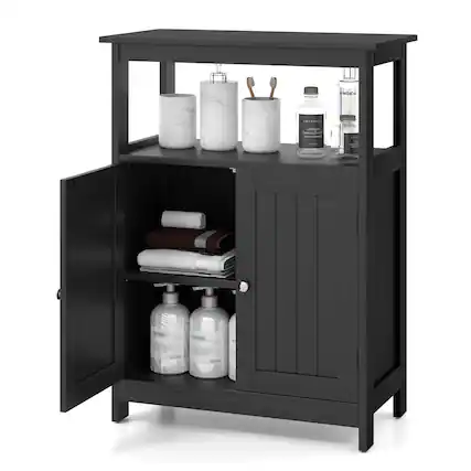 Front. Costway - Costway Bathroom Floor Cabinet Freestanding Storage Organizer with 2 Doors Open Compartment Black - Black.