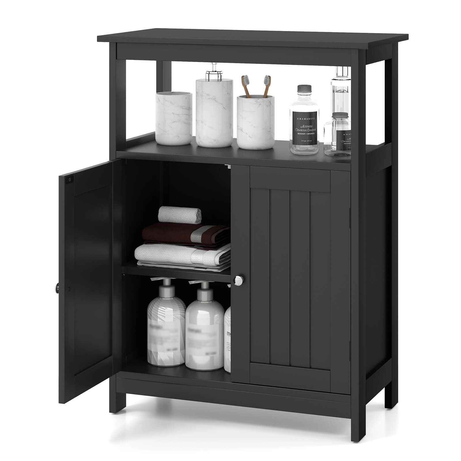Costway - Bathroom Floor Cabinet Freestanding Storage Organizer with 2 Doors Open Compartment - Black