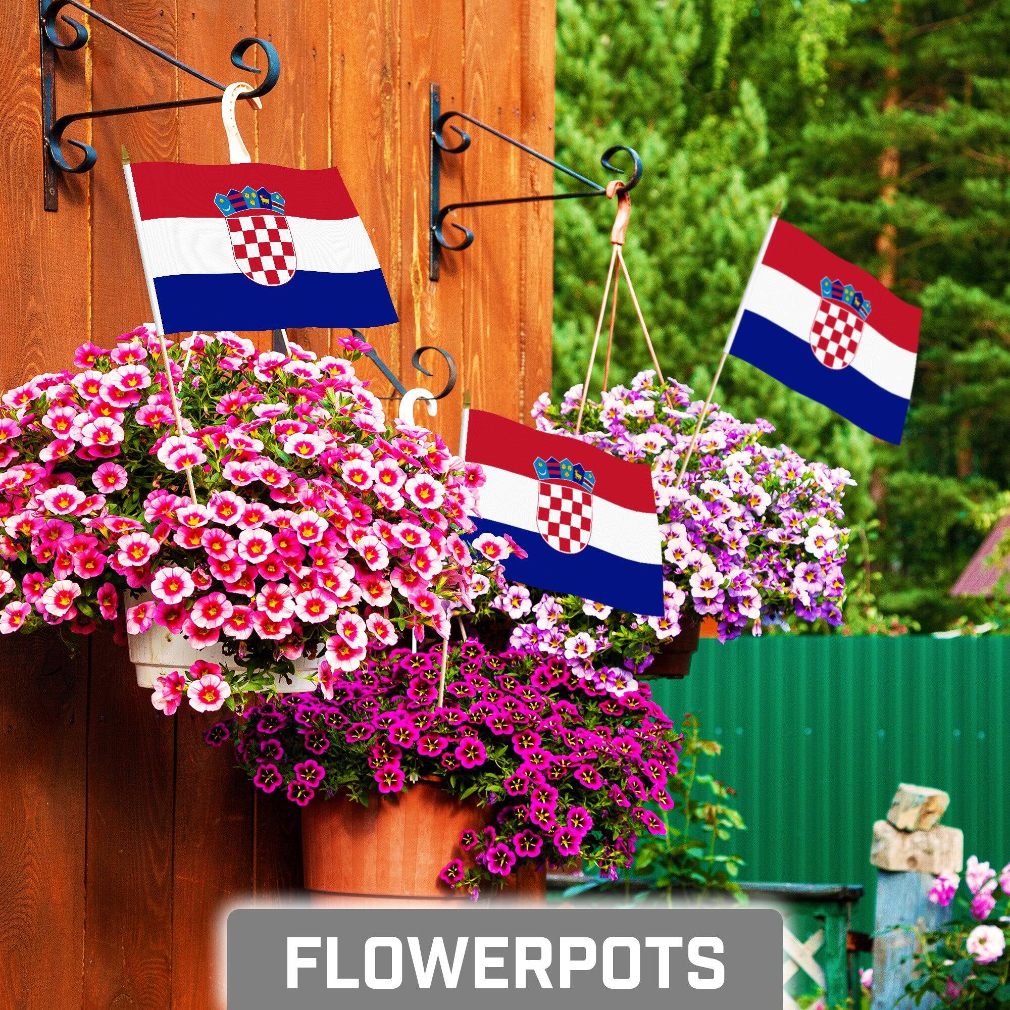 Angle. G128 - 24-Pack Handheld Croatia Flag Stick Flags, 8" x 12", 150D Polyester with Wooden Stick and Gold Spear. - Assorted Colors.