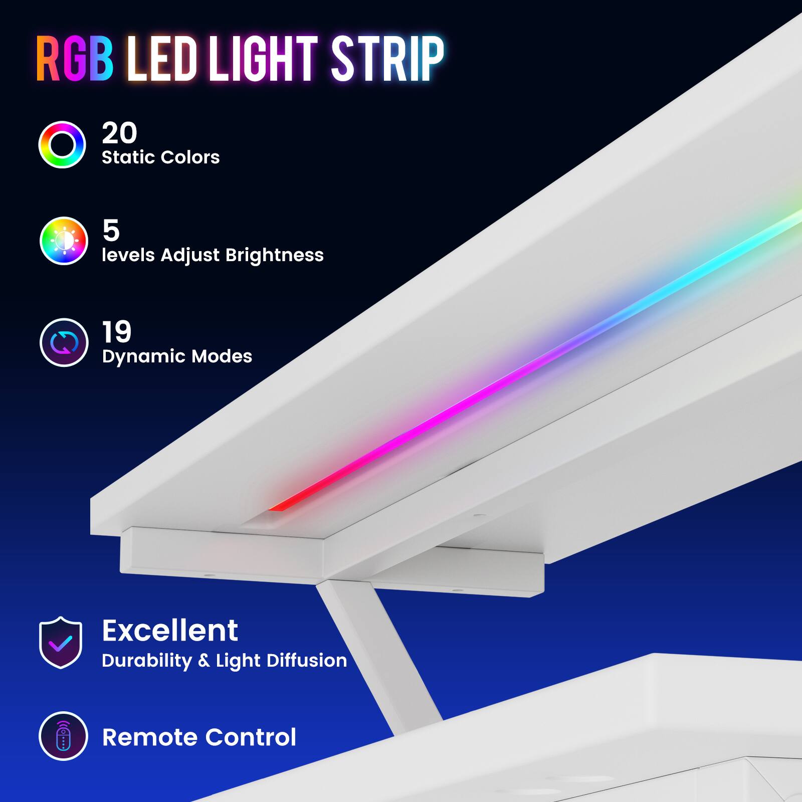 RGB LED LIGHT STRIP

- 20 Static Colors
- 5 levels Adjust Brightness
- 19 Dynamic Modes
- Excellent Durability & Light Diffusion
- Remote Control