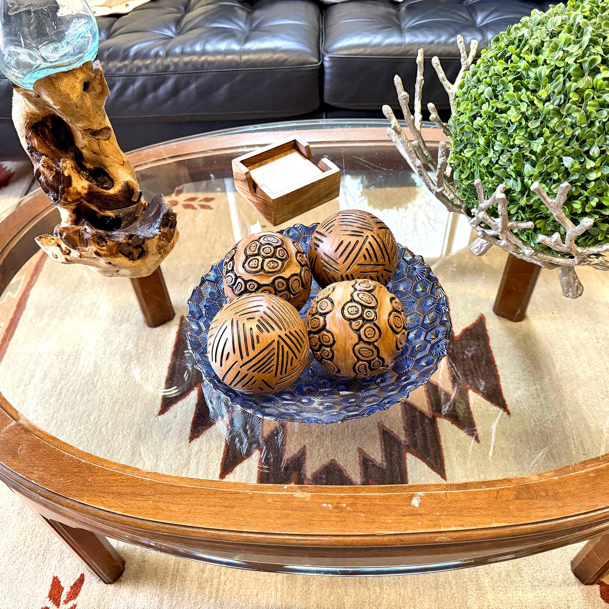 Alt View 4. Things2Die4 - Set of 4 Brown Resin Decorative Orbs 4 in Distressed Geometric Sphere Decor - Brown.