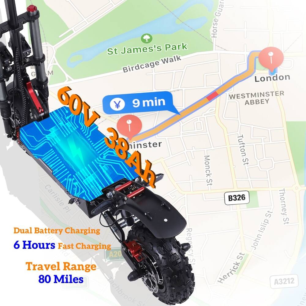 St James's Park Walk  
Birdcage Walk  
60V 38Ah  
9 min  
Carlisle PI  
Dual Battery Charging  
6 Hours Fast Charging  
RegencyS A20  
Travel Range 80 Miles  
rachbrooks  
Guards Horse-Guards  
London  
WESTMINSTER ABBEY  
Tufton-St  
Monck-St  
B326  
Thorney:St John:Islip:St  
Herrick  
A3212