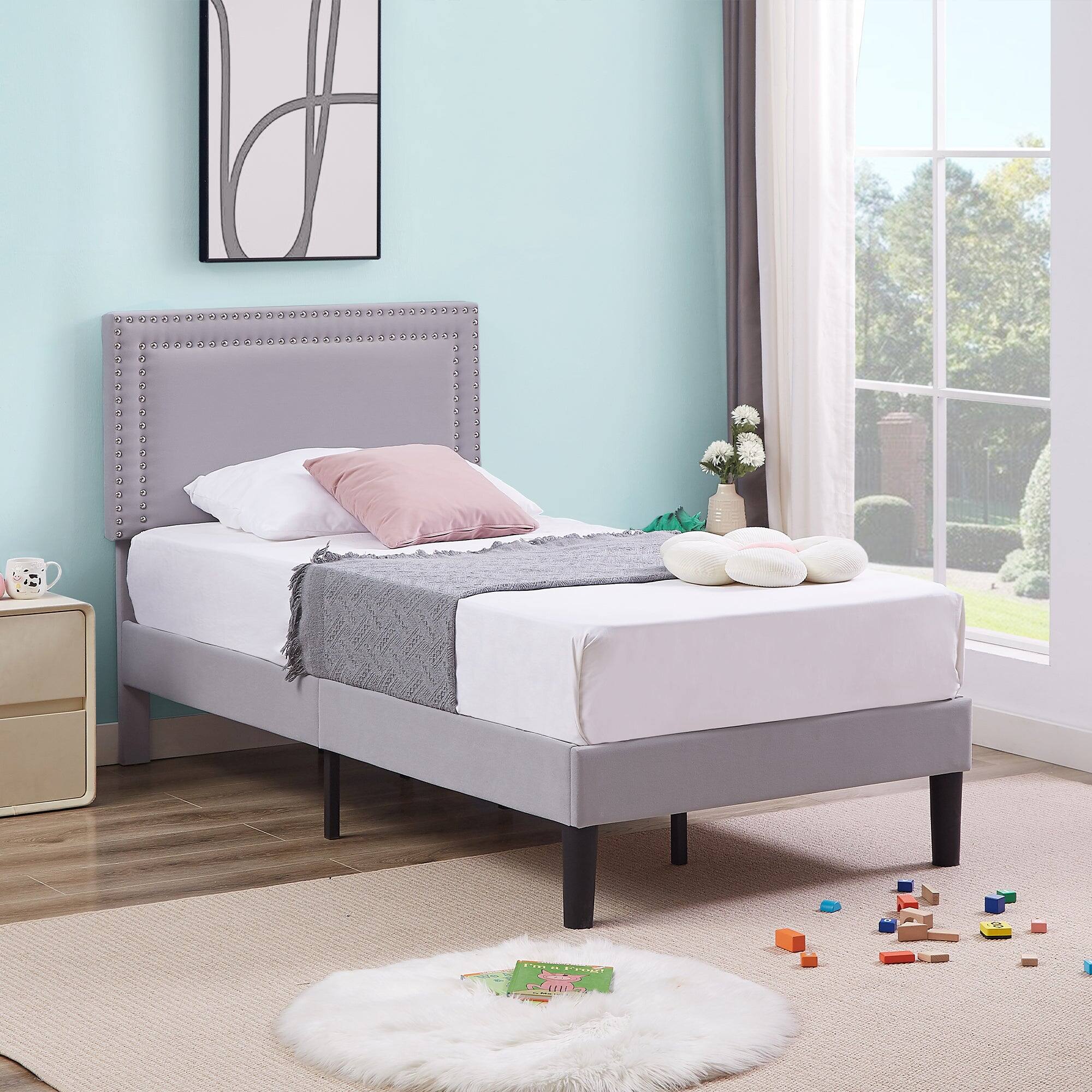 Alt View 3. Vecelo - Twin Size Platform Bed Frame with Adjustable Upholstered Headboard, Strong Wood Slat Support,No Box Spring Needed - Light Gray.