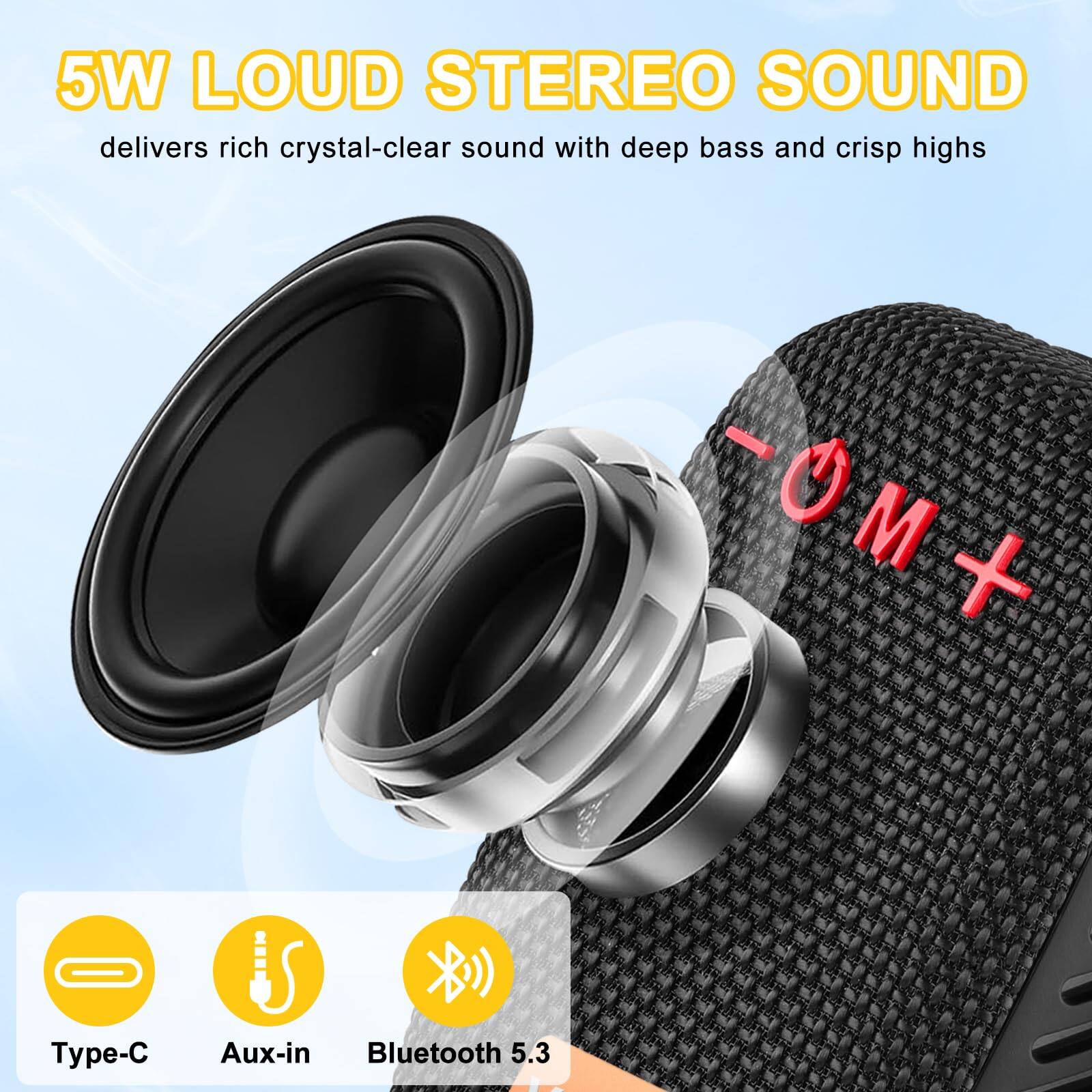5W LOUD STEREO SOUND  
delivers rich crystal-clear sound with deep bass and crisp highs  

-OM+  

Type-C  
Aux-in  
Bluetooth 5.3