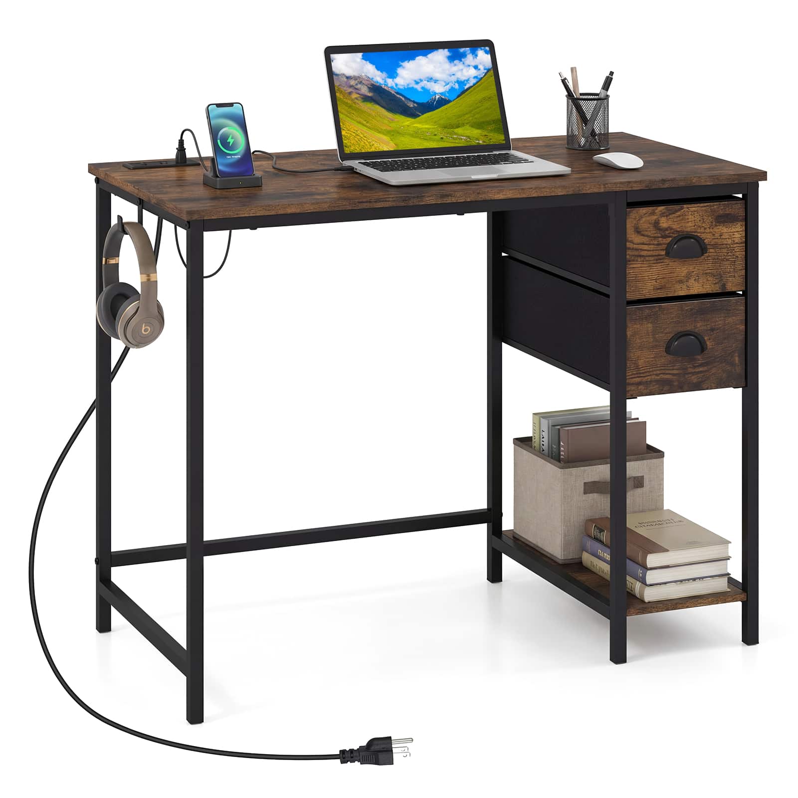 Front. Costway - Costway Computer Desk with Charging Station, 2 Fabric Drawers, Storage Shelf Headphone Hook - Rustic Brown & Black.