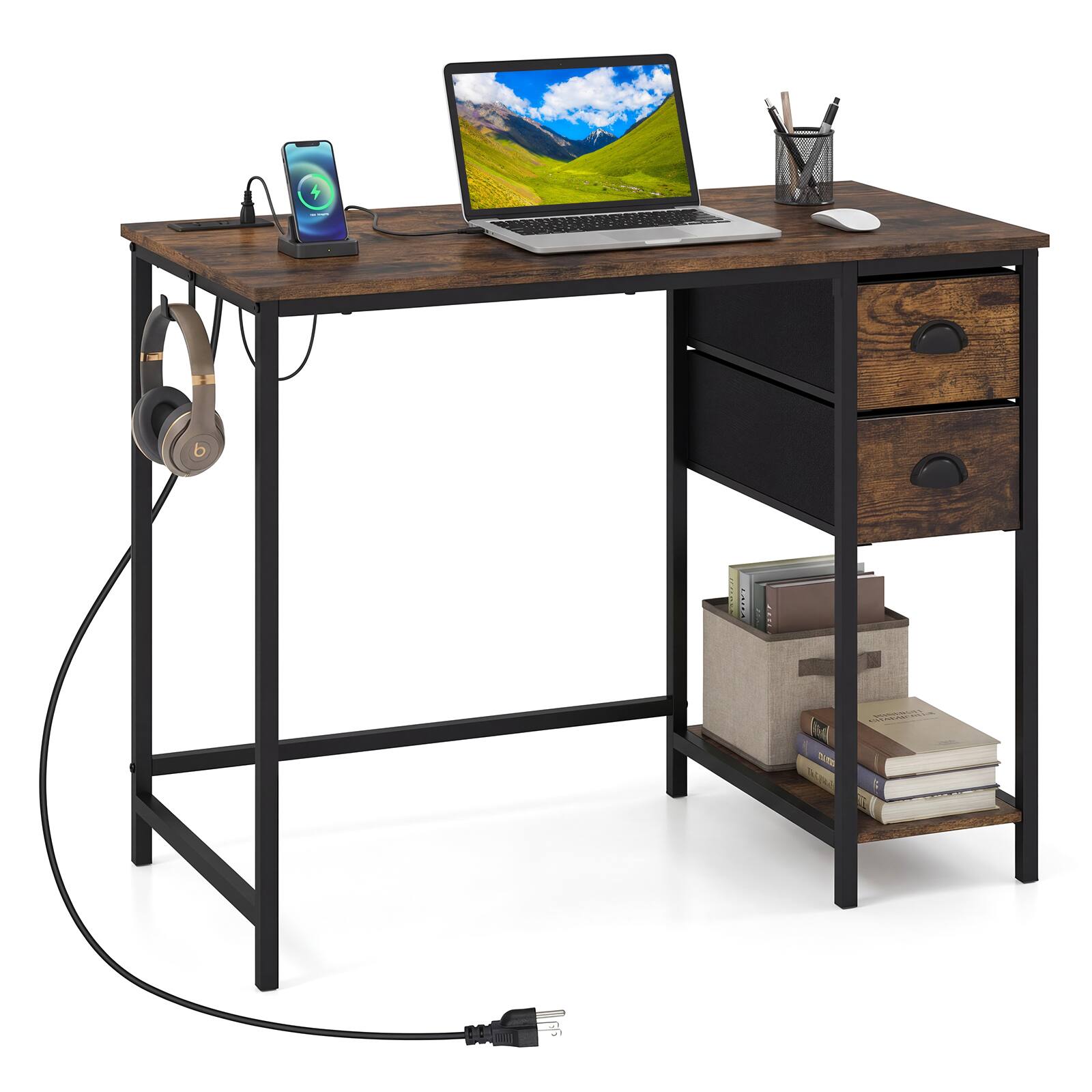Costway - Computer Desk with Charging Station, 2 Fabric Drawers, Storage Shelf Headphone Hook - Rustic Brown & Black