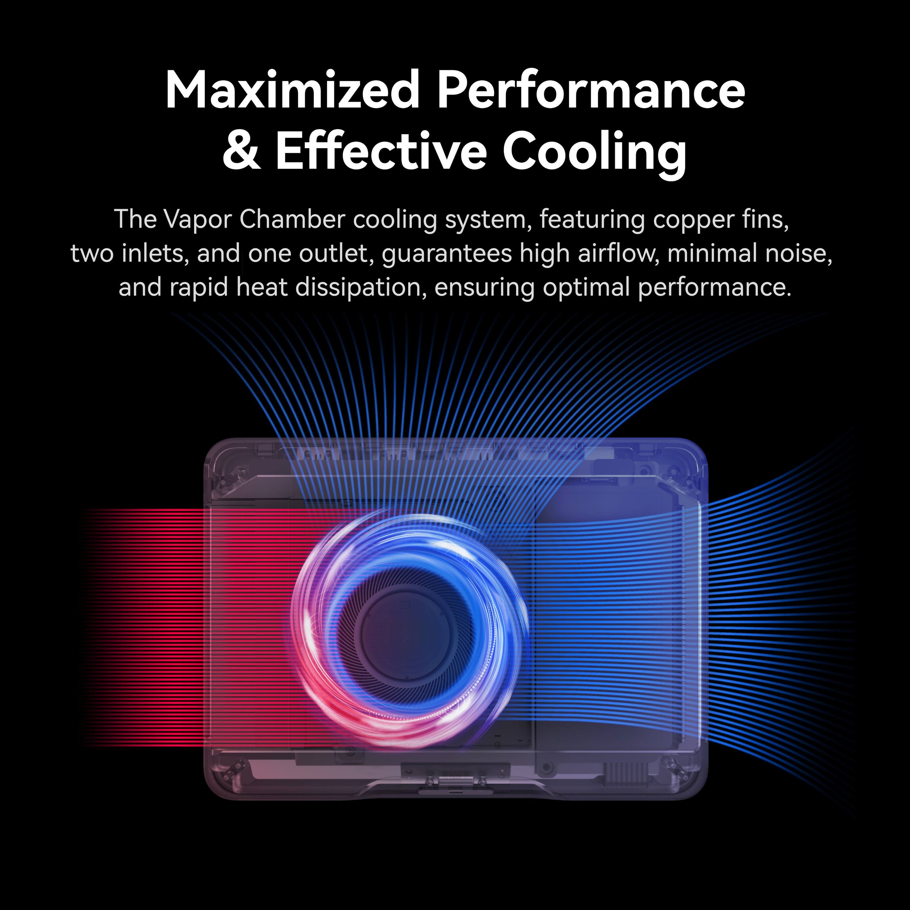 Maximized Performance & Effective Cooling

The Vapor Chamber cooling system, featuring copper fins, two inlets, and one outlet, guarantees high airflow, minimal noise, and rapid heat dissipation, ensuring optimal performance.