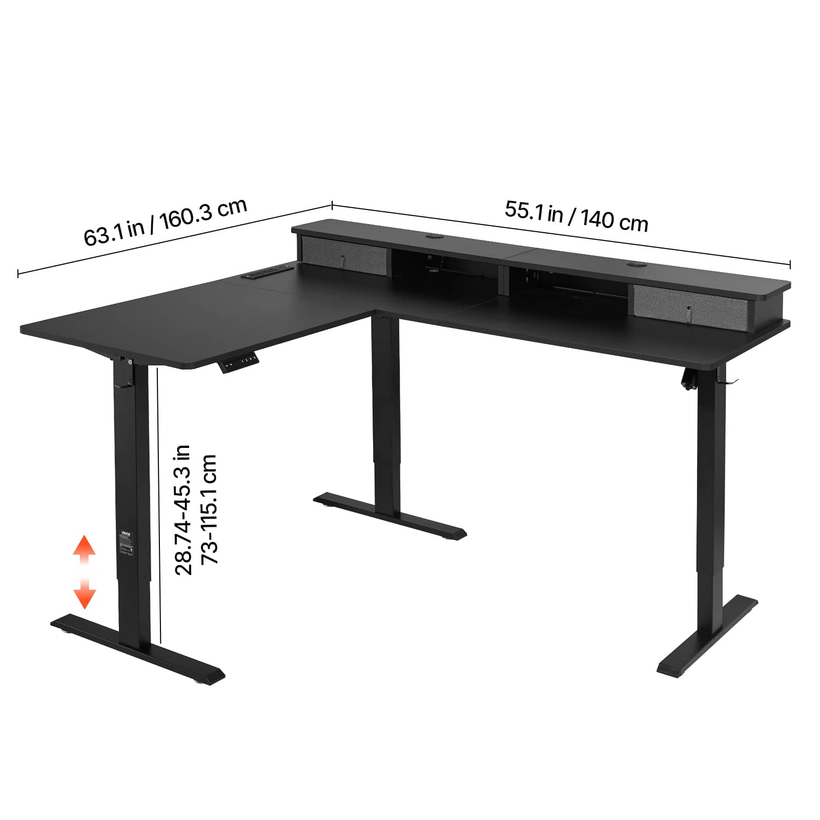 VEVOR - L Shaped Desk, Electric Adjustable Height Corner Gaming Desk with CPU Stand, Dual Hooks and Fabric Drawers - Black - Thumbnail 2